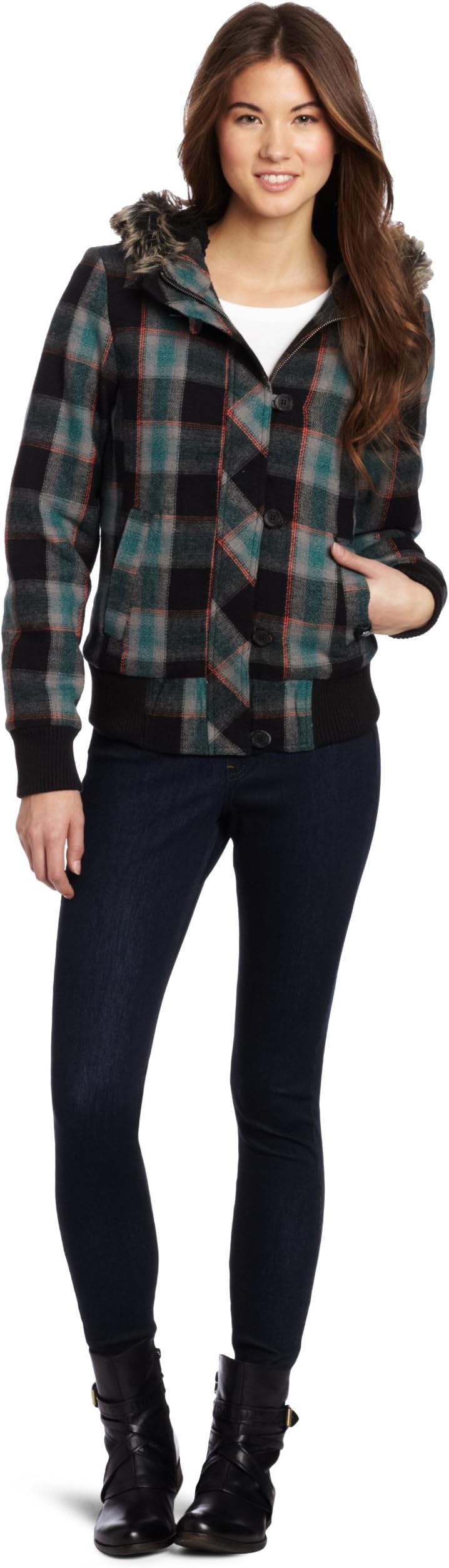 Fox Juniors Back Country Plaid Coat, Black, X-Small