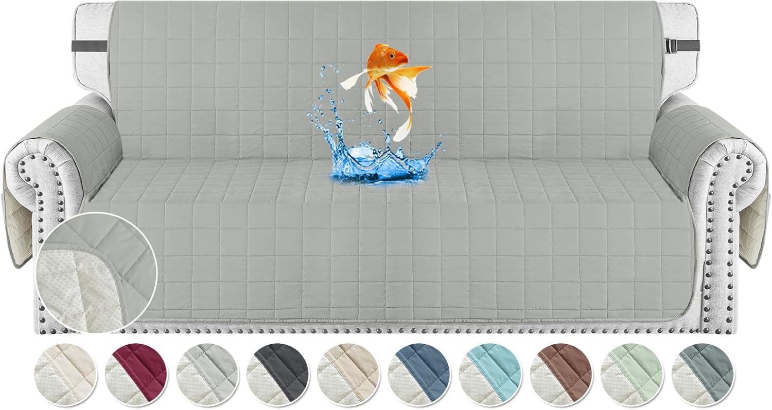 MAXIJIN Waterproof Couch Covers for 3 Cushion Couch Sofa Pet Friendly, 69" Quilted Sofa Covers Washable Dog Couch Cover Protector with Elastic Strap & Side Pocket (Sofa, Light Gray)
