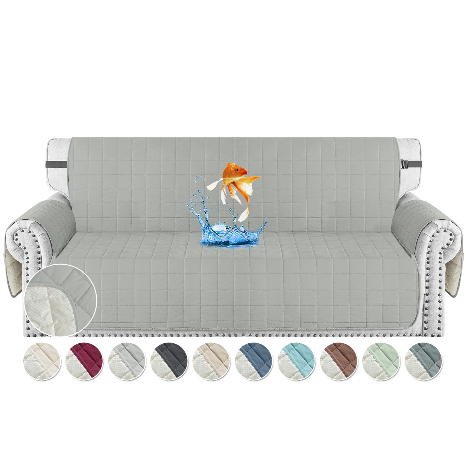 MAXIJIN Waterproof 3 Seater Couch Covers, 69" Quilted Sofa Covers Washable Dog Pet Couch Cover Protector with Elastic Strap & Side Pocket (Light Grey, 3 Seater)