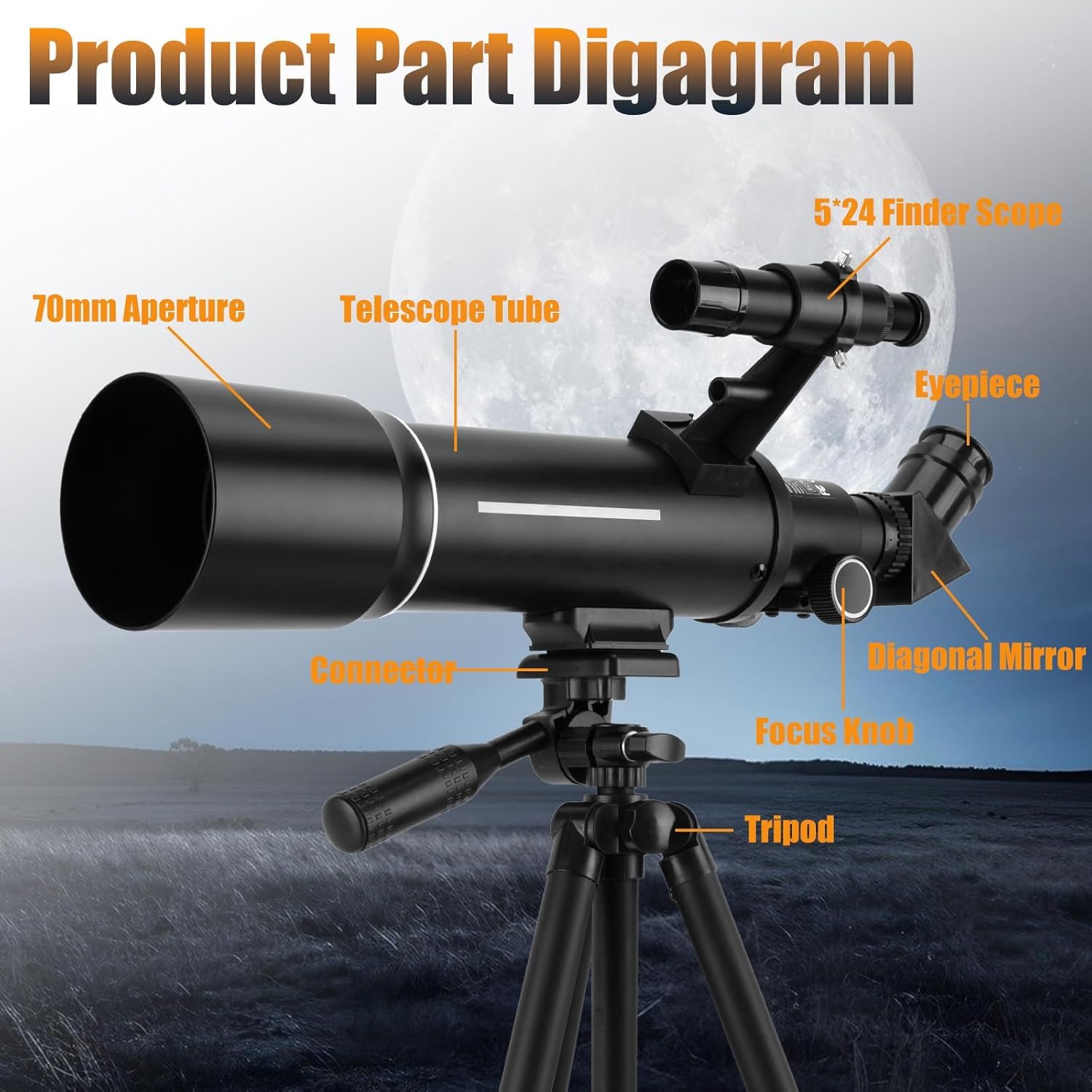 Telescopio, telescopio para niños y adultos, apertura de 70 mm, 400 mm, telescopios refractores para principiantes de astronomía con trípode de montaje AZ, filtro de luna, adaptador de teléfono y