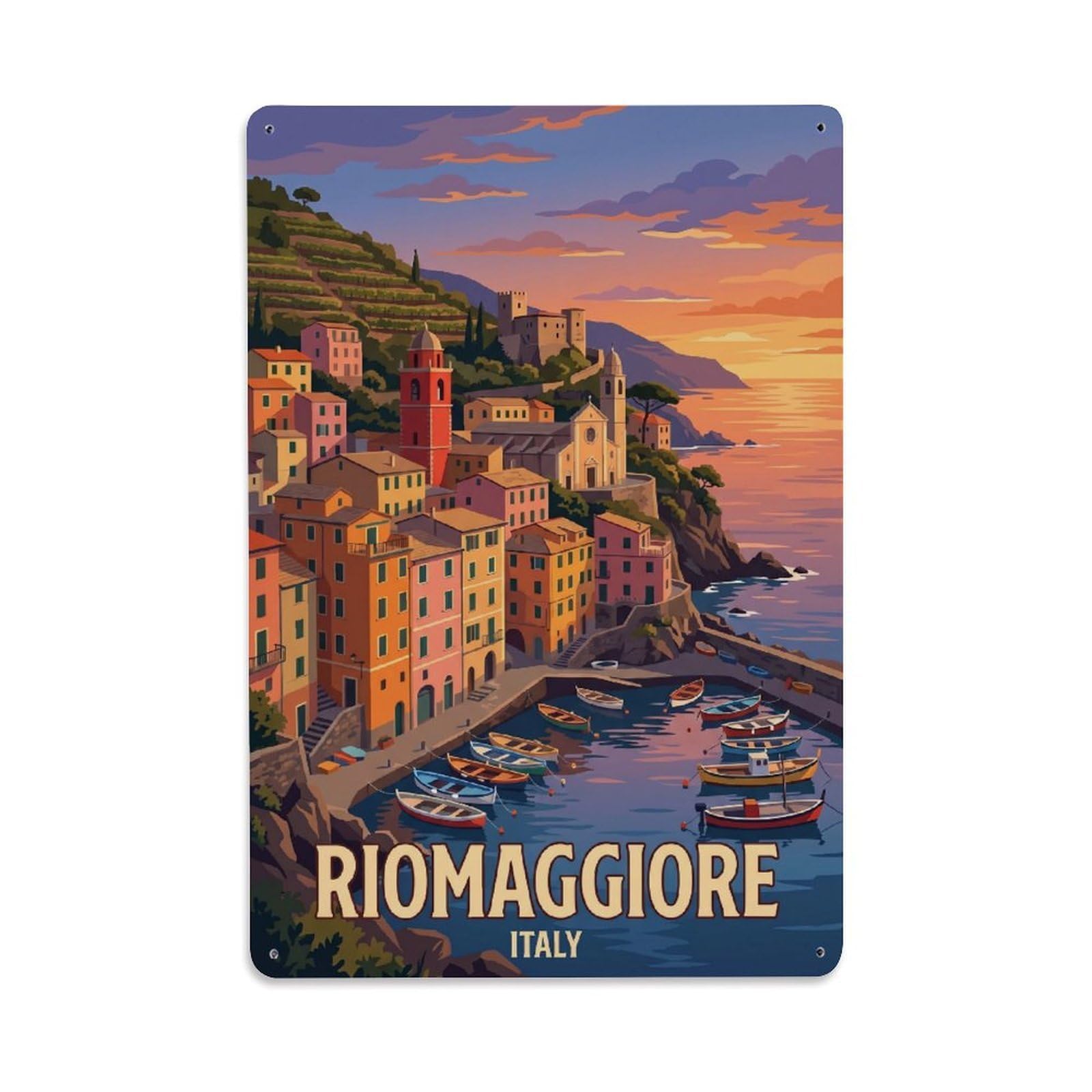 Huiyhb 8X12inch(20X30cm) Vintage Travel Riomaggiore Italy Sunset Metal Tin Sign