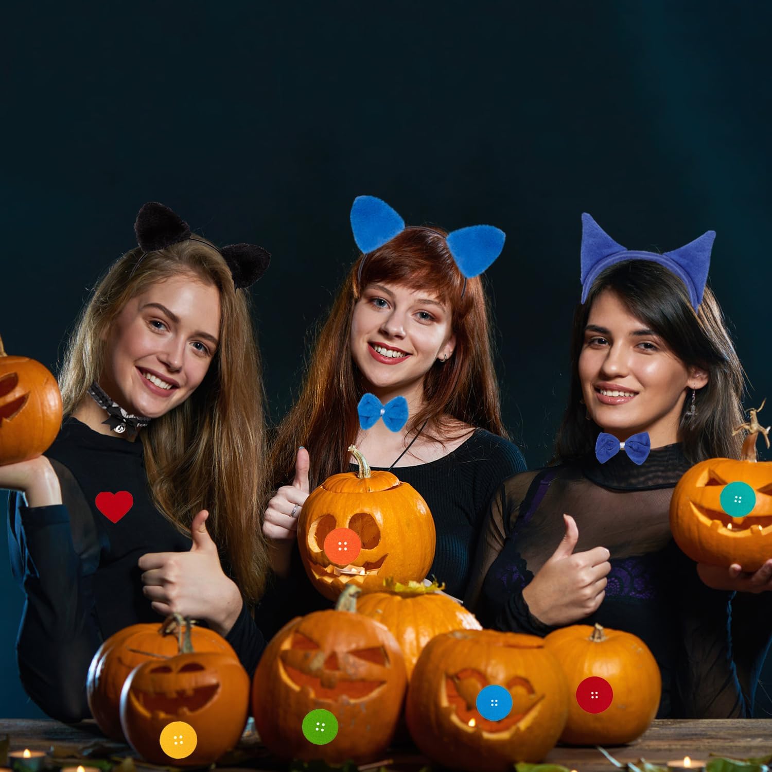 JIALWEN Blue Cat Ears Headband and Tail Bowtie with 6 Button Patches & 1 Heart Patch Felt Stickers Halloween Cat Costumes Set Cosplay Party Dress Up Accessories - Image 6