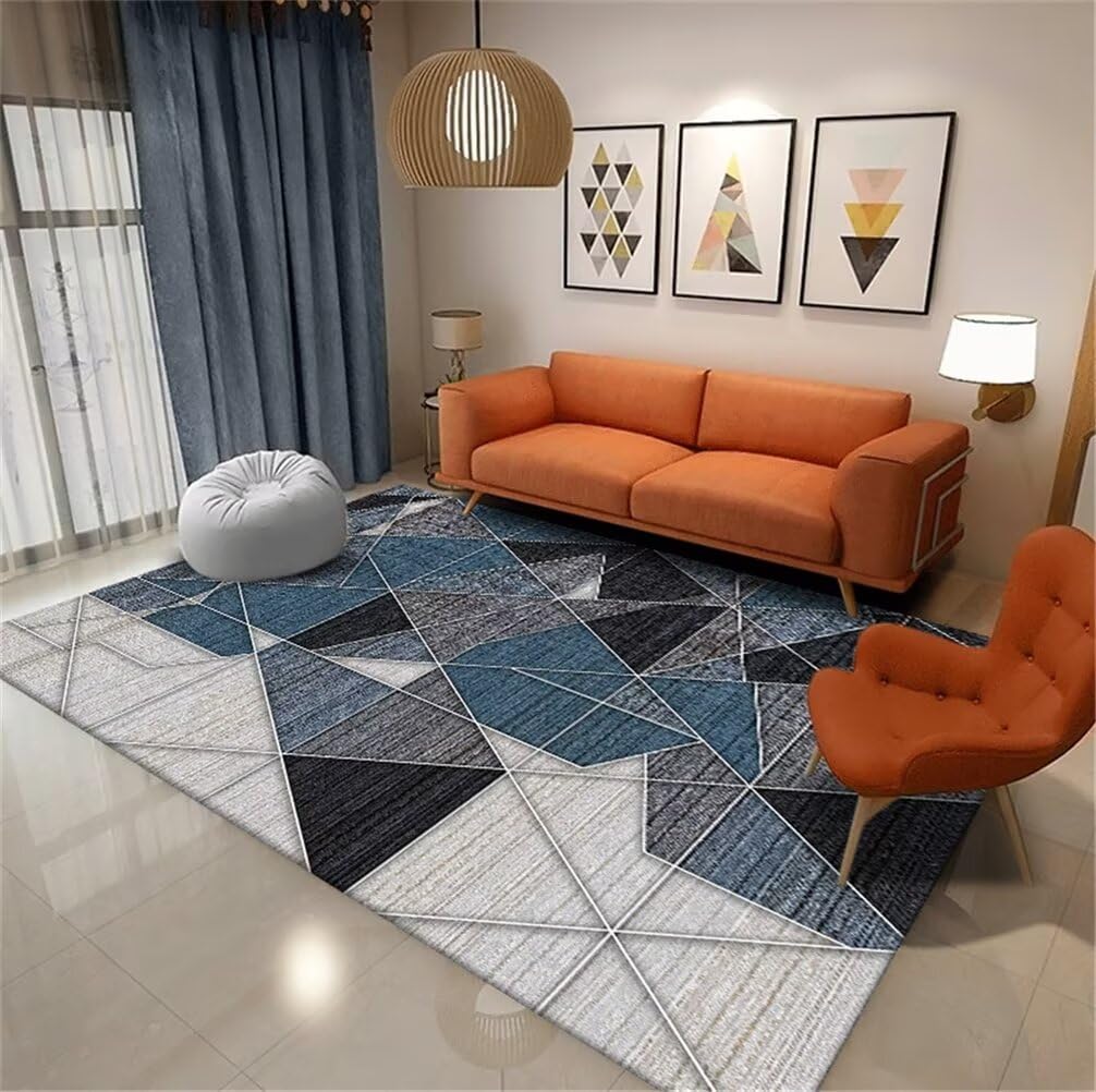 Tapis de chambre ado bleu 80x150 cm lavable et doux aux motifs géométriques gris