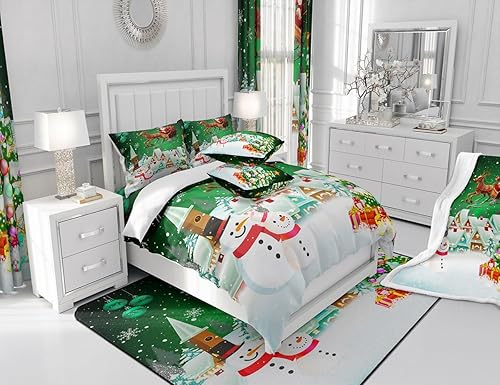 Miniatura 8 de Manfei Juego de sábanas de Navidad tamaño matrimonial, juego de sábanas de árbol de Navidad de muñeco de nieve, 4 piezas con sábana bajera de