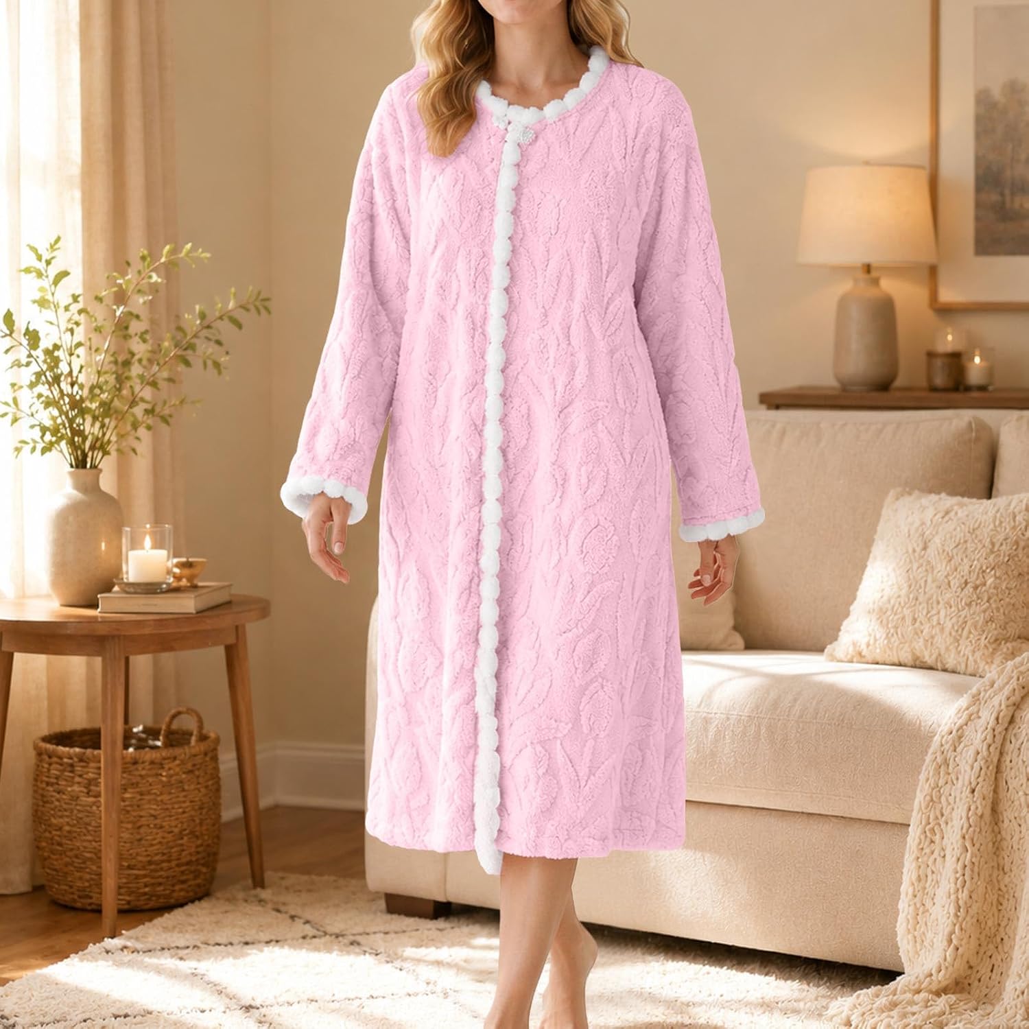 Women Fall Winter Nightgown Crew Neck Button Coral Fleece Nightgown