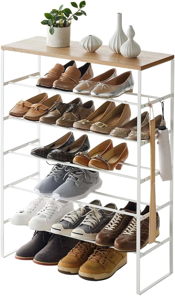 Yamazaki Home 6 Tier Wood Top Shoe Rack Steel One Size White