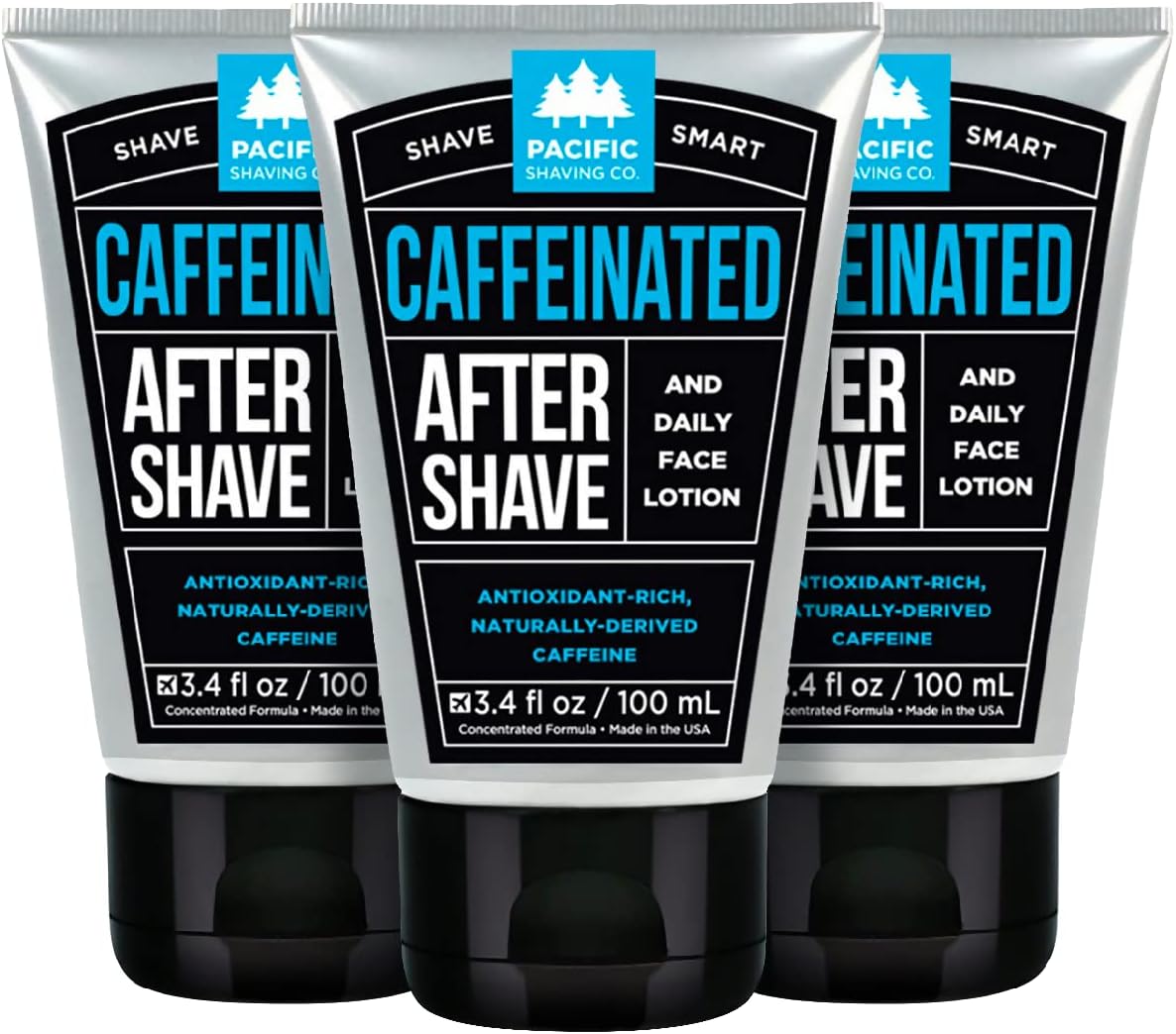 Pacific Shaving Company Caffeinated Aftershave, Men's Grooming Product - Antioxidant Daily Face Lotion + After Shave - Spearmint Post Shave Balm for Sensitive Skin (3.4 Fl Oz, 3 Pack)