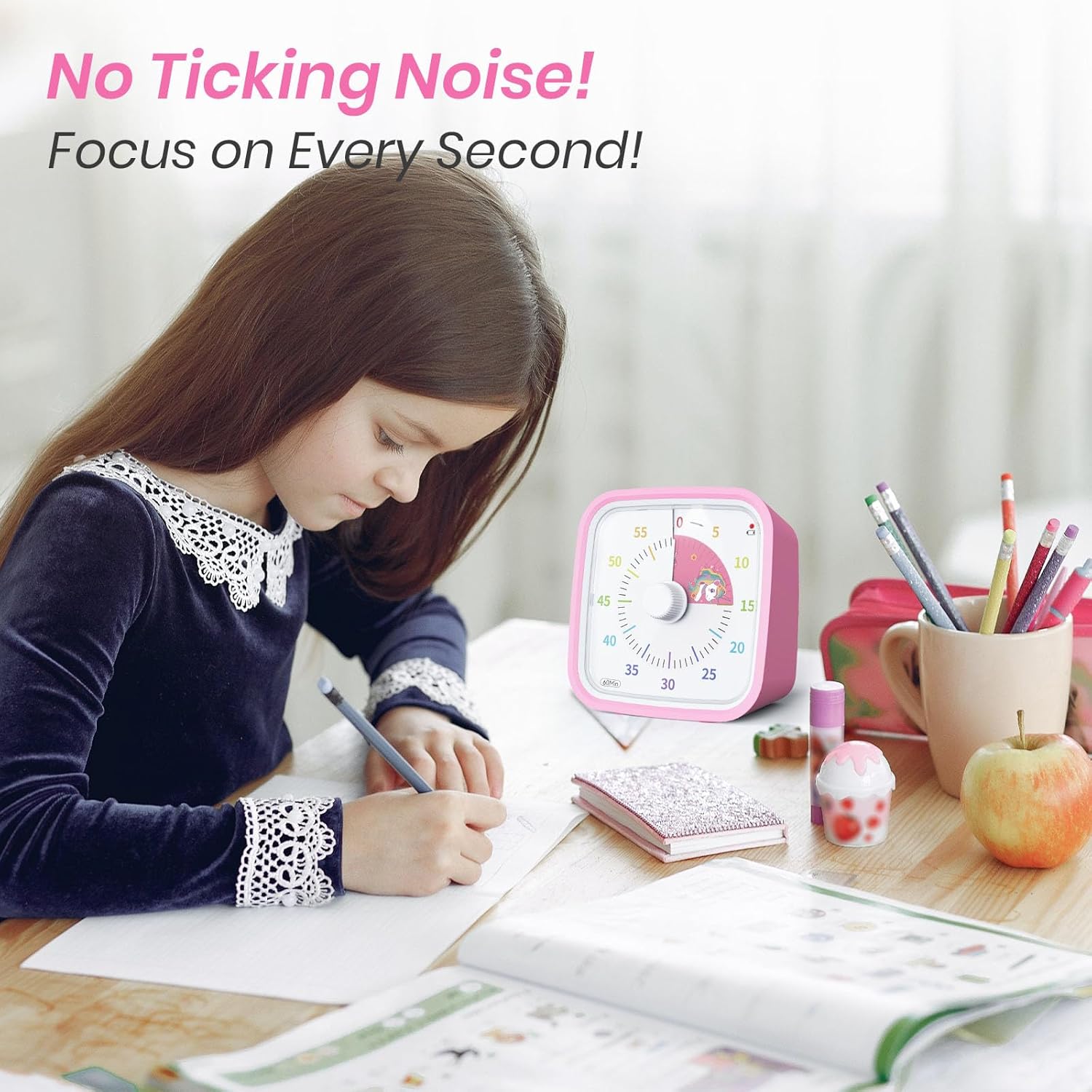 Child studying with Yunbaoit Visual Timer, highlighting no ticking noise