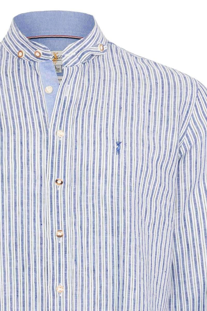 Almsach Herren Trachten Leinenhemd Stehbund Slim gestreift blau grün, 5009-BLUE Green, S
