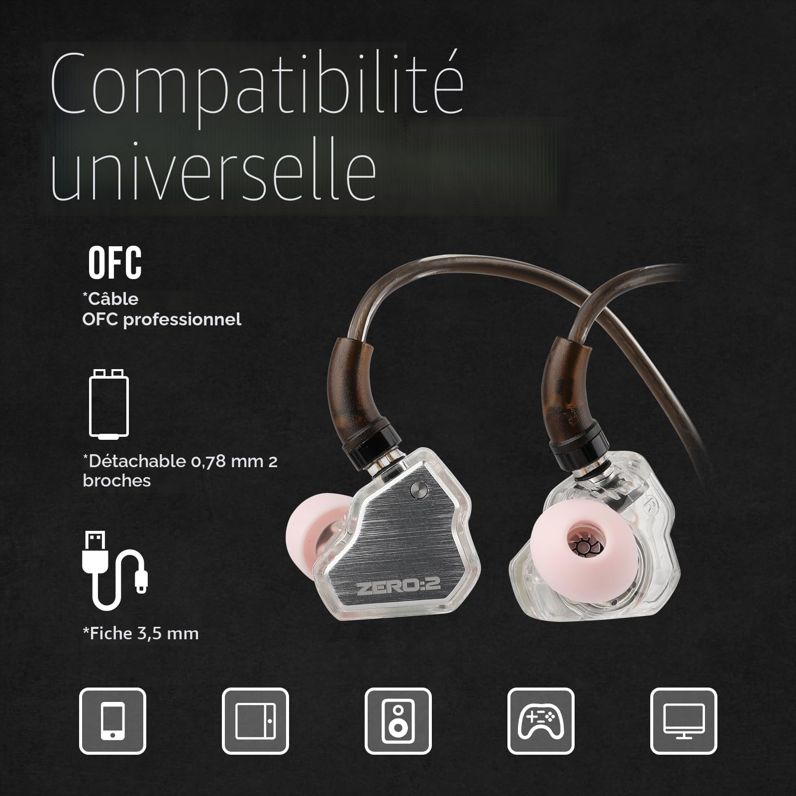 Linsoul 7Hz x Crinacle Zero:2 Écouteurs Intra-Auriculaires, Casque d'écouteur avec conducteur Dynamique de 10 mm, Moniteur Intra-auriculaire filaires de Jeu, avec câble IEM OFC(sans mic,Argent)