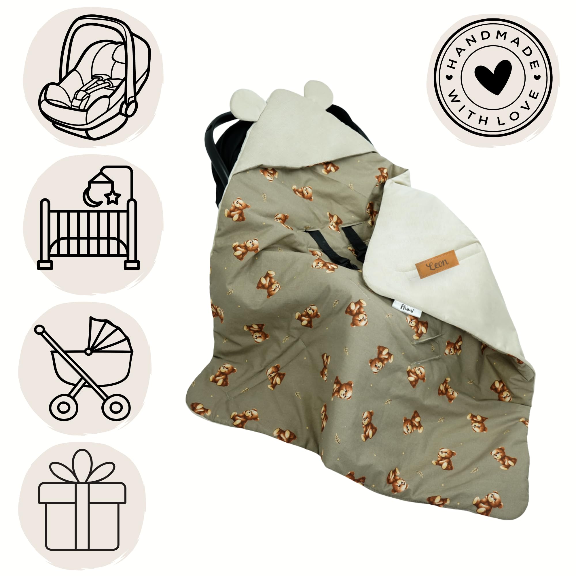 Flumi Coperta per Seggiolino Auto e Ovetto – Copertina Avvolgente Neonato con Cappuccio e Fori per Cinture, Morbida e Lavabile, Personalizzabile con Nome (orsacchiotto beige)