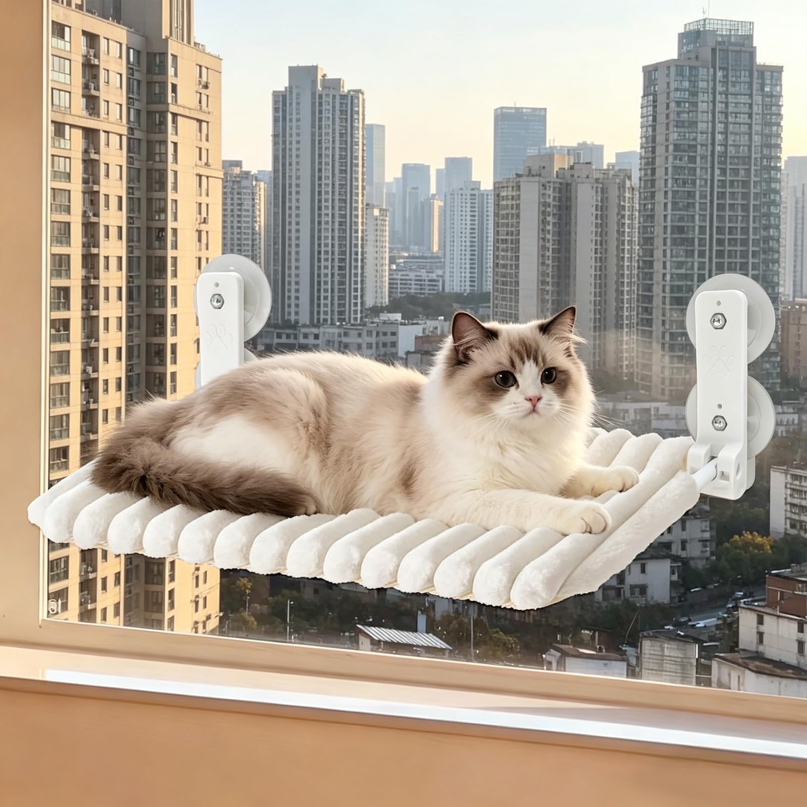 Hamac Chat Fenetre, Perchoir Chat Fenetre avec 4 Ventouses, Cadre Acier Épais Solide,Lit Peluche Pliable, Hamac pour Chats, Facile à Démonter, Supporte Jusqu'à 18kg