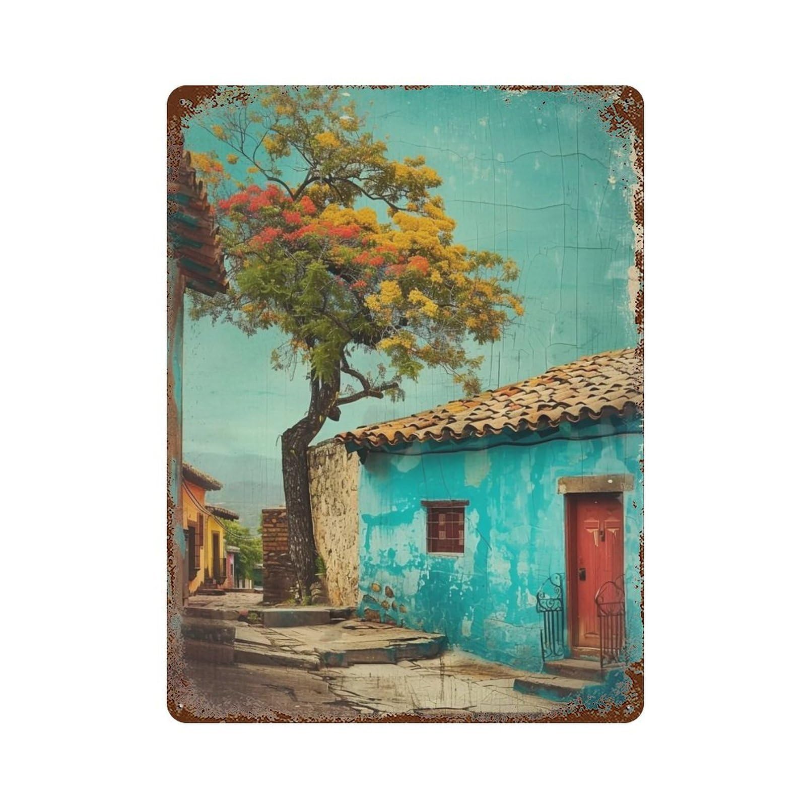 HDURYEYRYY Blue Mediterranean Cottage 01 Wall Retro Iron Vintage Art Metal Tin Sign Poster Modern Home Cofffee Club Art Bar Shop Decor 40x30cm