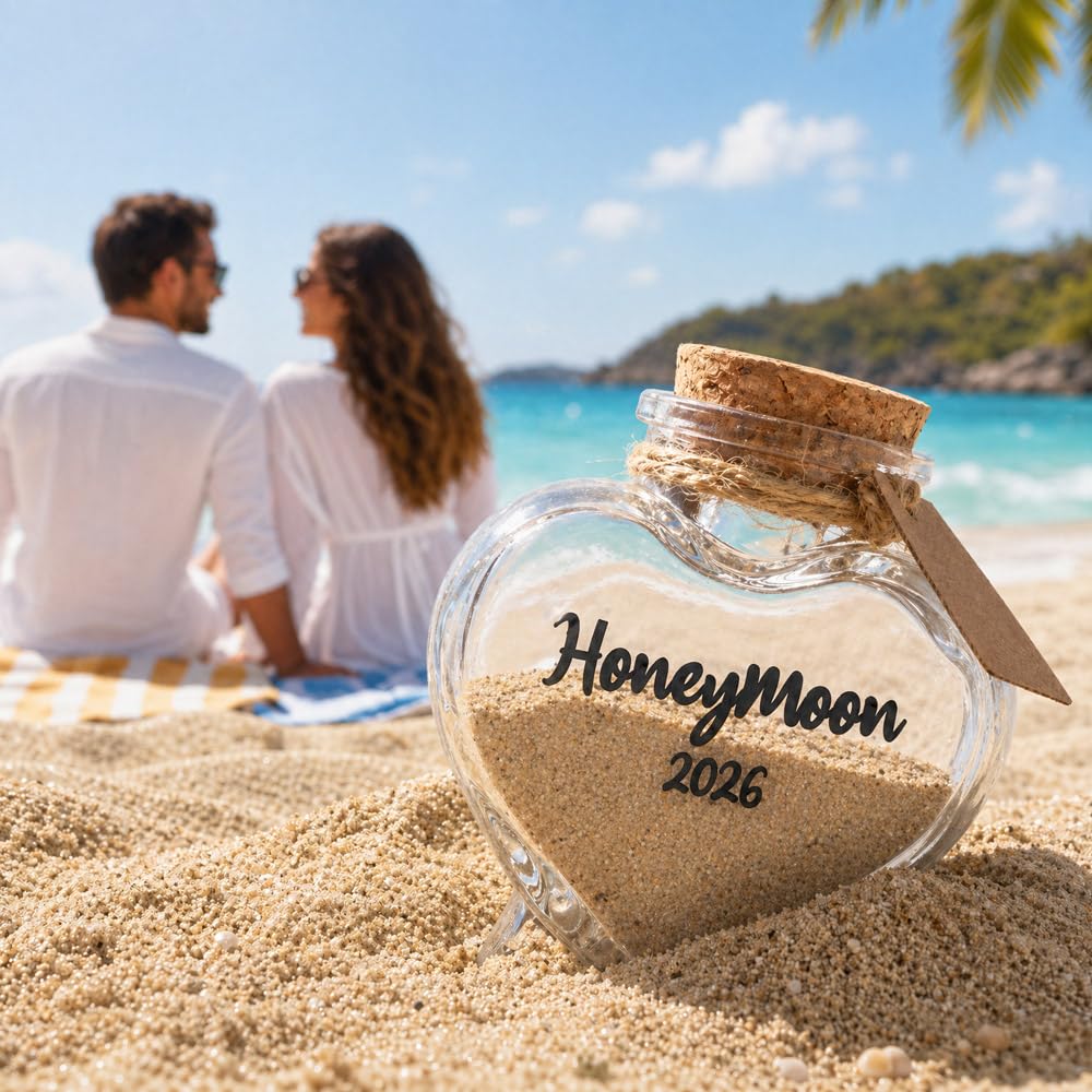 Honeymoon Sand Keepsake Jar 2026，Bridal Shower, Wedding, Engagement, Honeymoon, Travel for Couples, Newlywed, Fiance(Gift Box Includes) - 40ml Heart Shape Glass