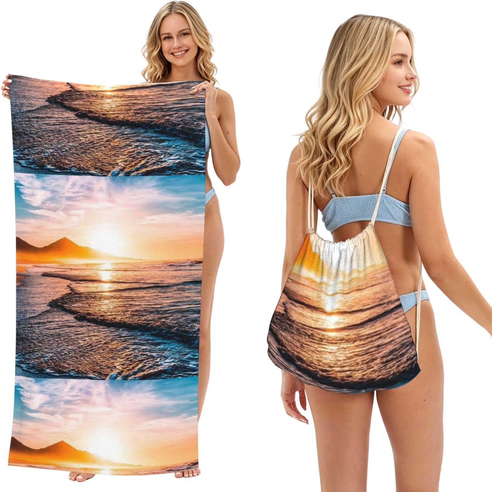 Poadnly As Picture Sea Beach Sunset, 2 In 1 Packable Towel Bag, Beach Towels With Drawstring Backpack For Travel Holiday Camping