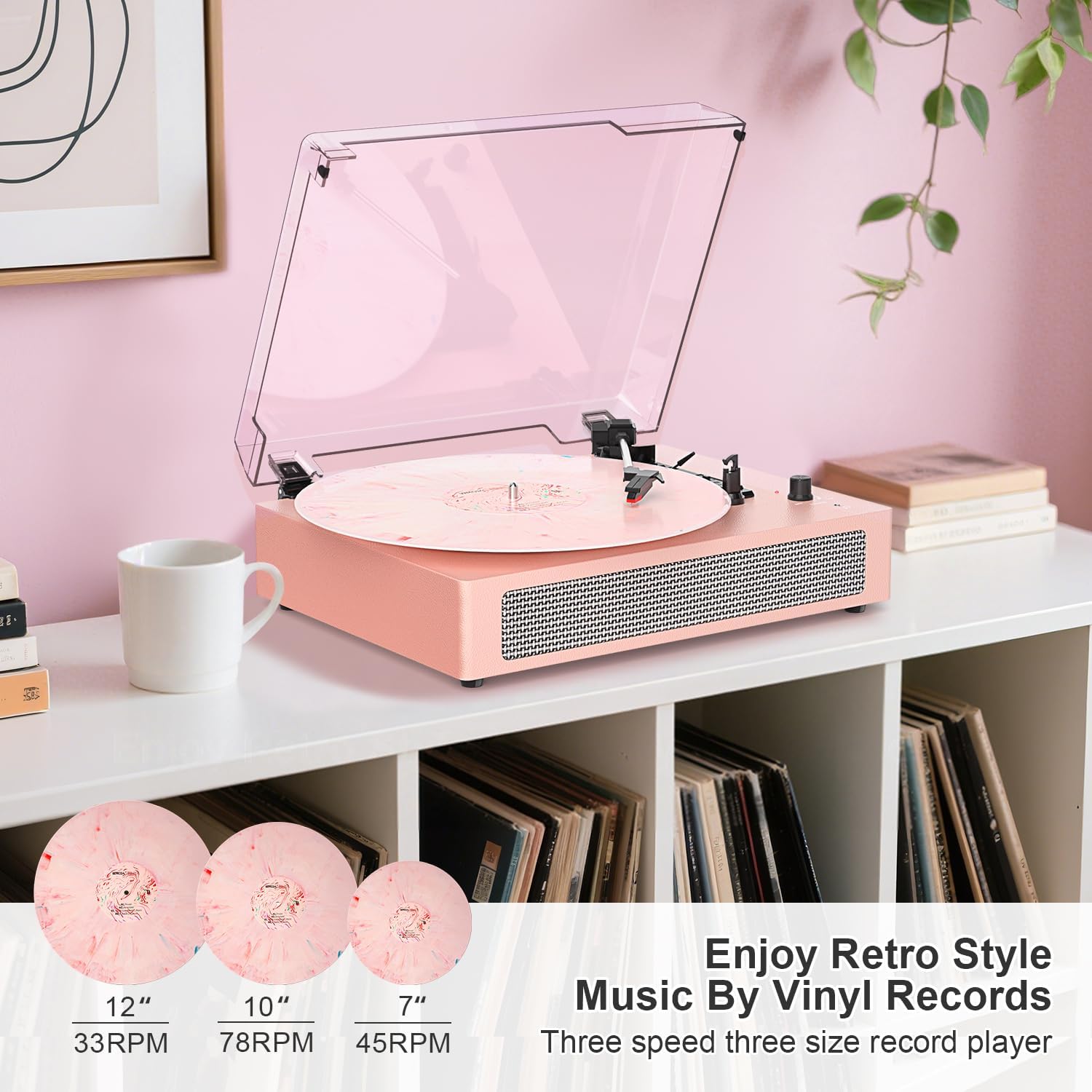 Vinyl Record Player Vintage 3-Speed Wireless Bluetooth Turntable with Belt-Drive, Built-in Stereo Speakers, RCA Output, AUX in, Auto Stop, Pink LP Player