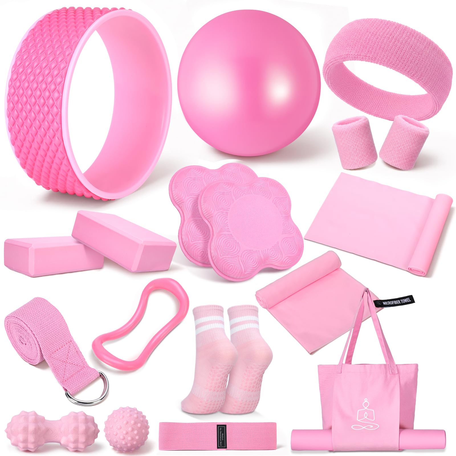 Gemscream 17 Pcs Yoga Essential Kits for Women, Pilates Equipment Sets for Beginners with Yoga Wheel Ball Blocks Strap Resistance Loop Bands Wrist Ring Socks Towel Bag for Home Workouts(Pink)-image-40