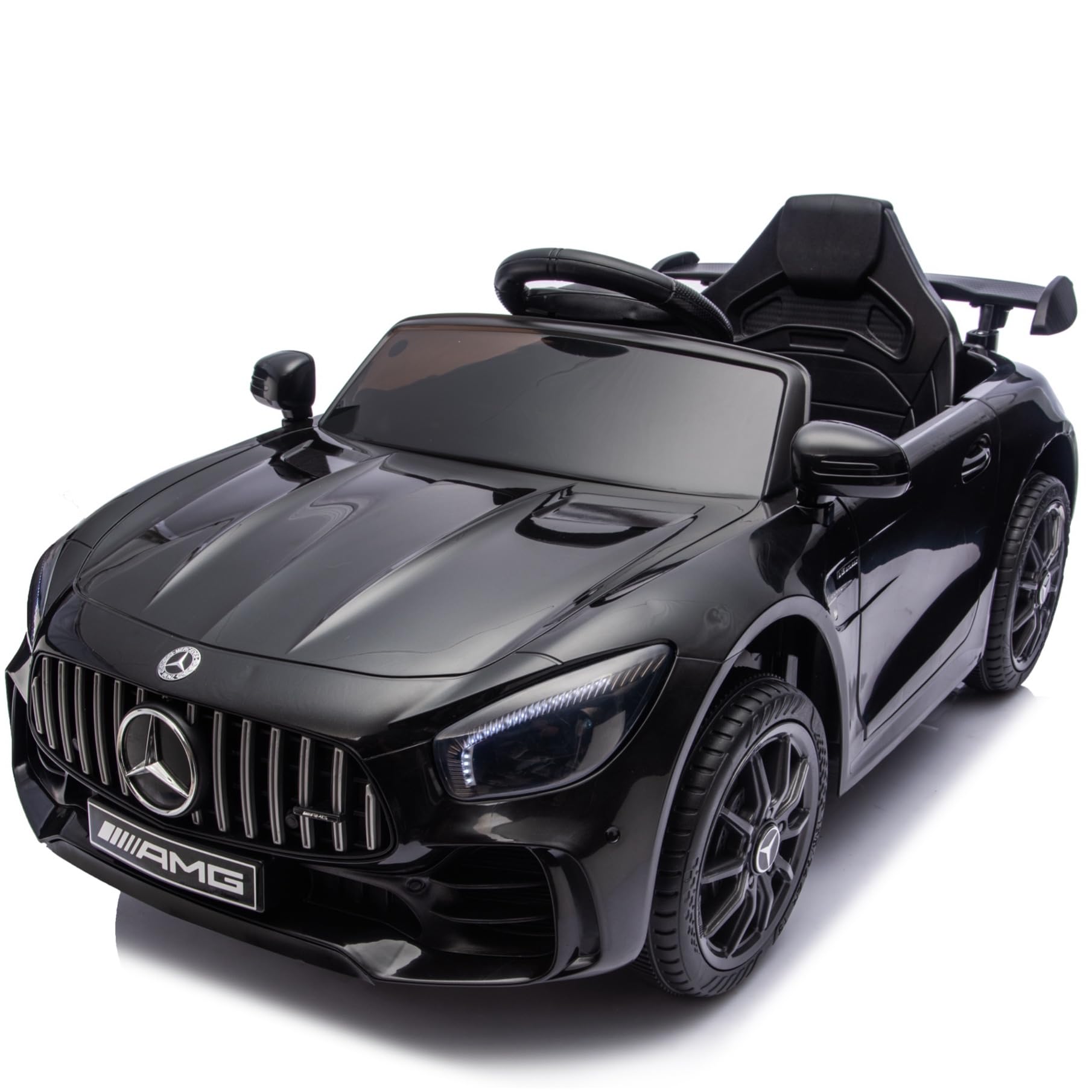 FINOOS Mercedes GTR AMG Elektroauto für Kinder, 12V, elektrische Kinder elektroauto mit Fernbedienung, 2 + 1 Geschwindigkeitsstufen, Hupe, LED, Musik, Bluetooth (Schwarz)