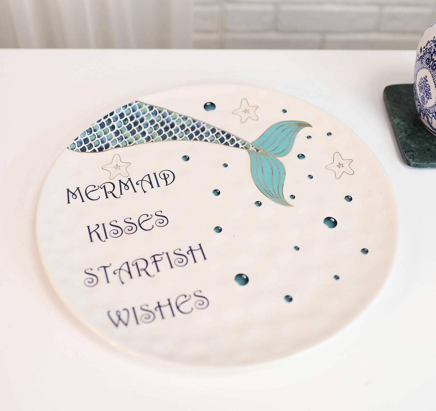 Ebros Nautical Marine Coastal Blue Mermaid Kisses Starfish Wishes Ceramic Dinnerware For Beach Party Hosting Kitchen And Dining Serveware (Round Dinner Plates 11"D, 2)