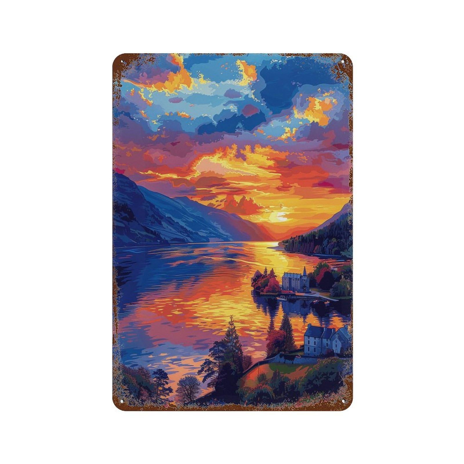 Scenic Sunset Lake View Vintage Rust Metal Sign 11.8"x7.9", for Basement, Hobby Room And Garage Decor, Retro Wall Decor