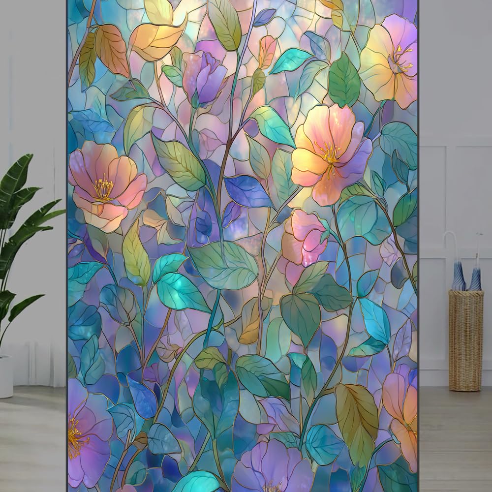 FOCCAFB Dreamy Floral Garden Stained Glass Window Film, Colorful Wild Plants Peel and Stick Privacy Film, Frosted Adhesive Vinyl Decorative for Bathroom Windows Glass Doors, （45x90cm）