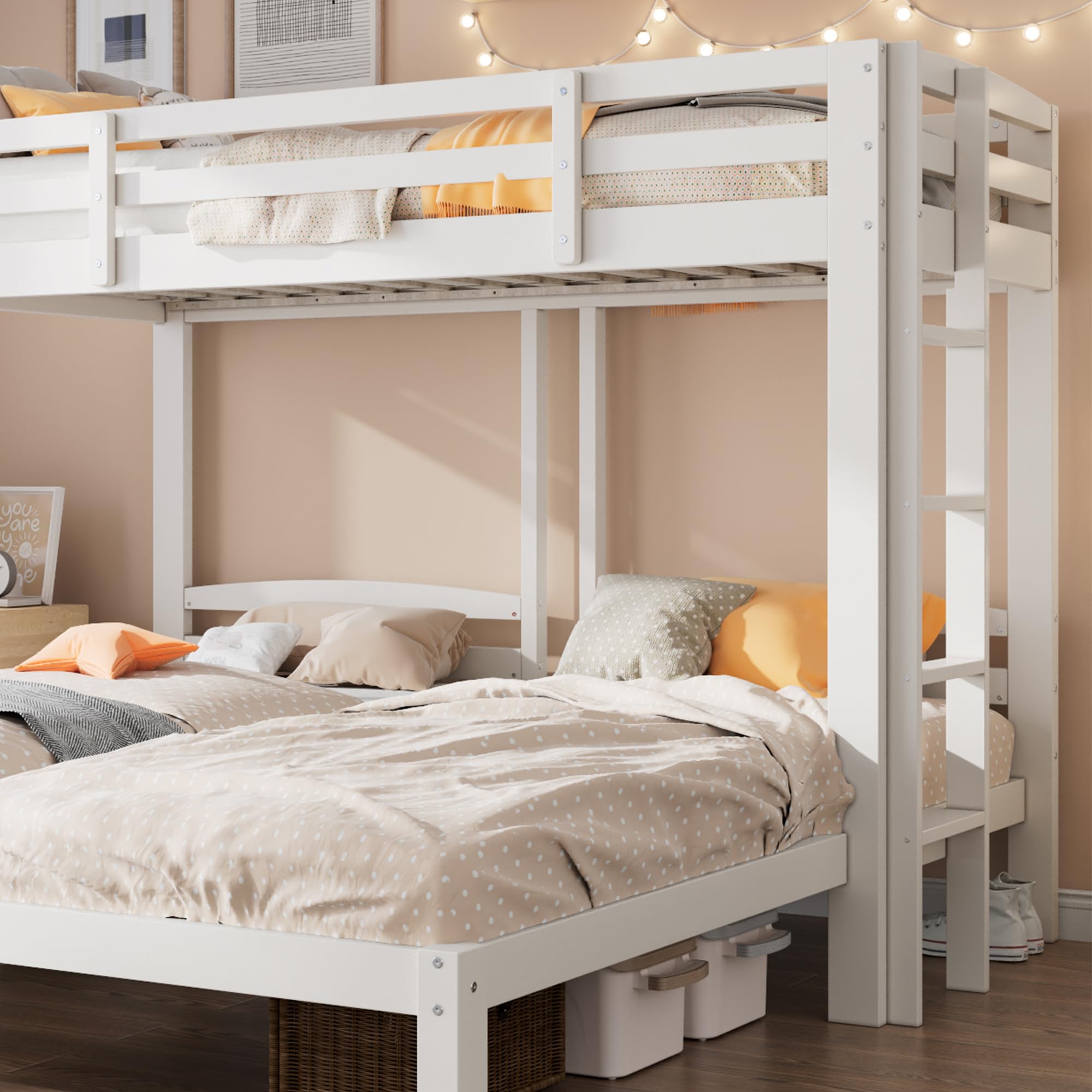 Cama Triple, litera Triple con Escalera Lateral para niños y jóvenes, Blanco (90 x 200 cm)