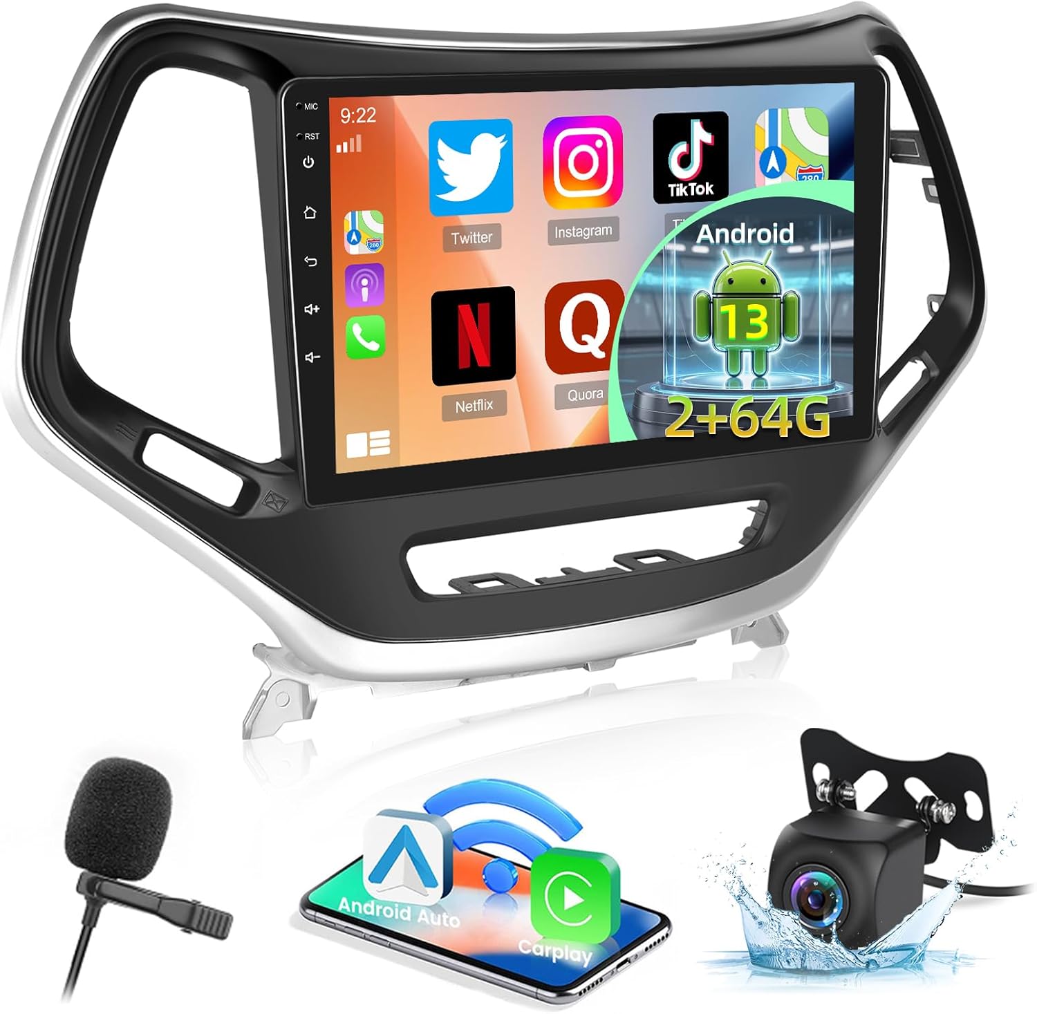 2+64G for Jeep Cherokee 2013 2014 2015 2016 2017 2018 Android Car Stereo - Wireless Carplay & Android Auto - 10.1 Inch Touchscreen Radio with EQ DSP, WiFi, GPS, Split Screen + AHD Rear View Camera