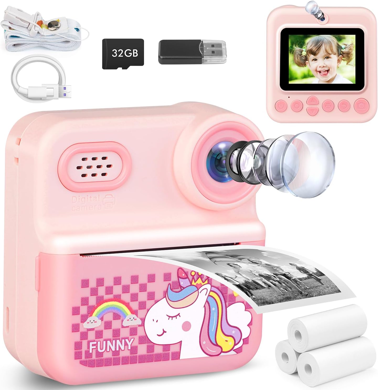 Kids Camera Instant Print with 32GB Card, 1080p Video, 2.4in Screen, Front Rear Dual Selfie, Perfect Christmas Birthday Gifts Portable Travel Toys Camera for Kids 3-12 Years
