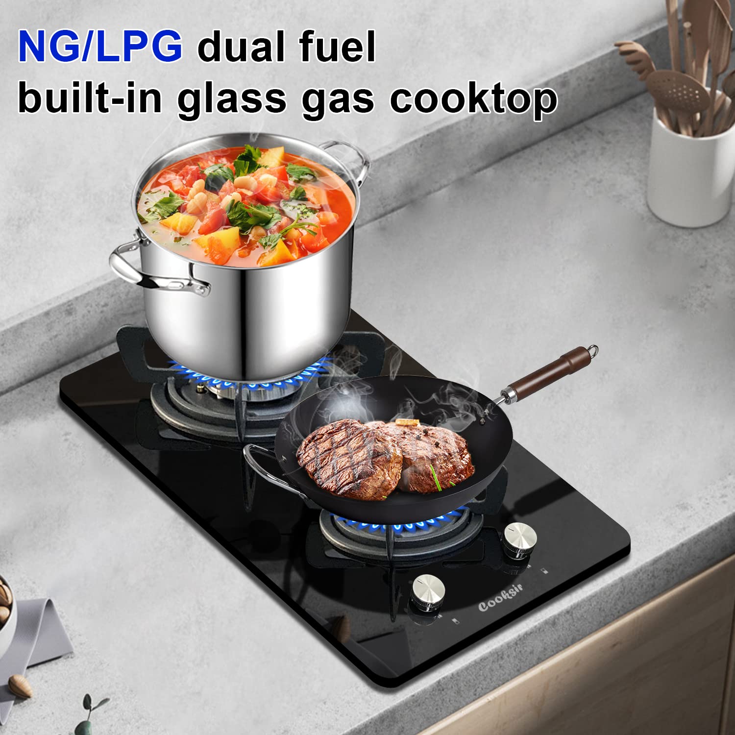 12 inch Gas Stove, 2 Burners Propane Cooktop Bulit-in, Indoor Cooktop Suitable for Dual Fuel LPG/NG, Tempered Glass Gas Stove Top for Kitchen, Apartment, Indoor, 110-120V Plug in