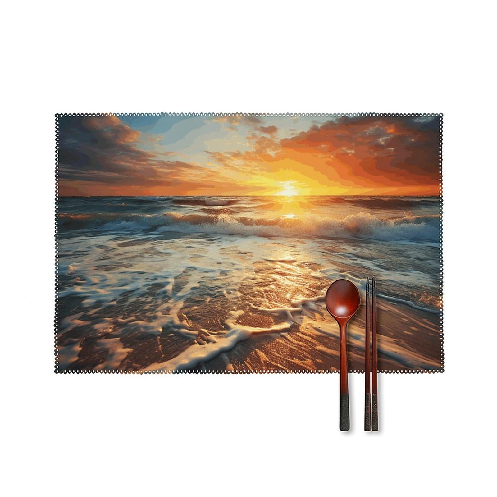 Ocean Sunrise Placemats Set of 6, 12x18 Inch Heat Resistant Washable Canvas Table Mats, Stain Resistant Decorative Dining Placemats for Kitchen, Restaurant, Outdoor Party