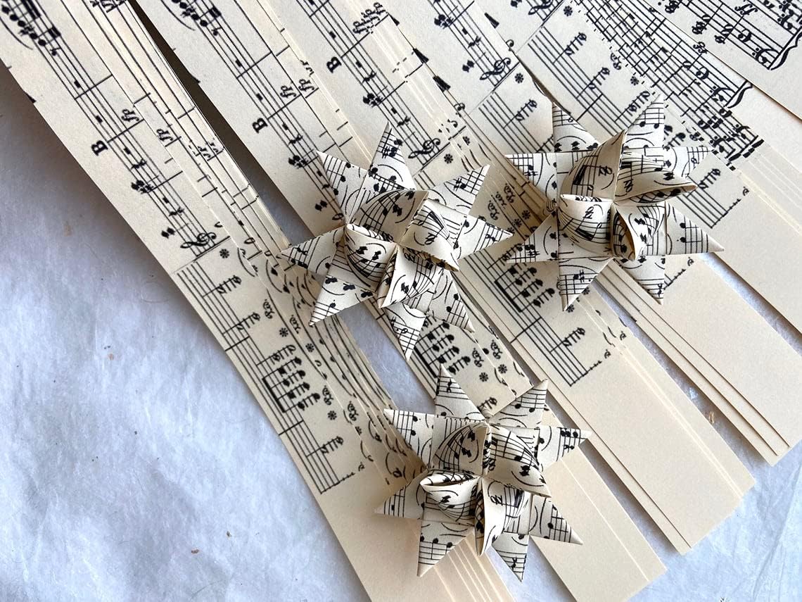 Patterns Froebel Moravian German Star Paper Strips Origami Ornaments Colorful Craft Projects (50 Strips) (Vintage Music, 3/4 inch)