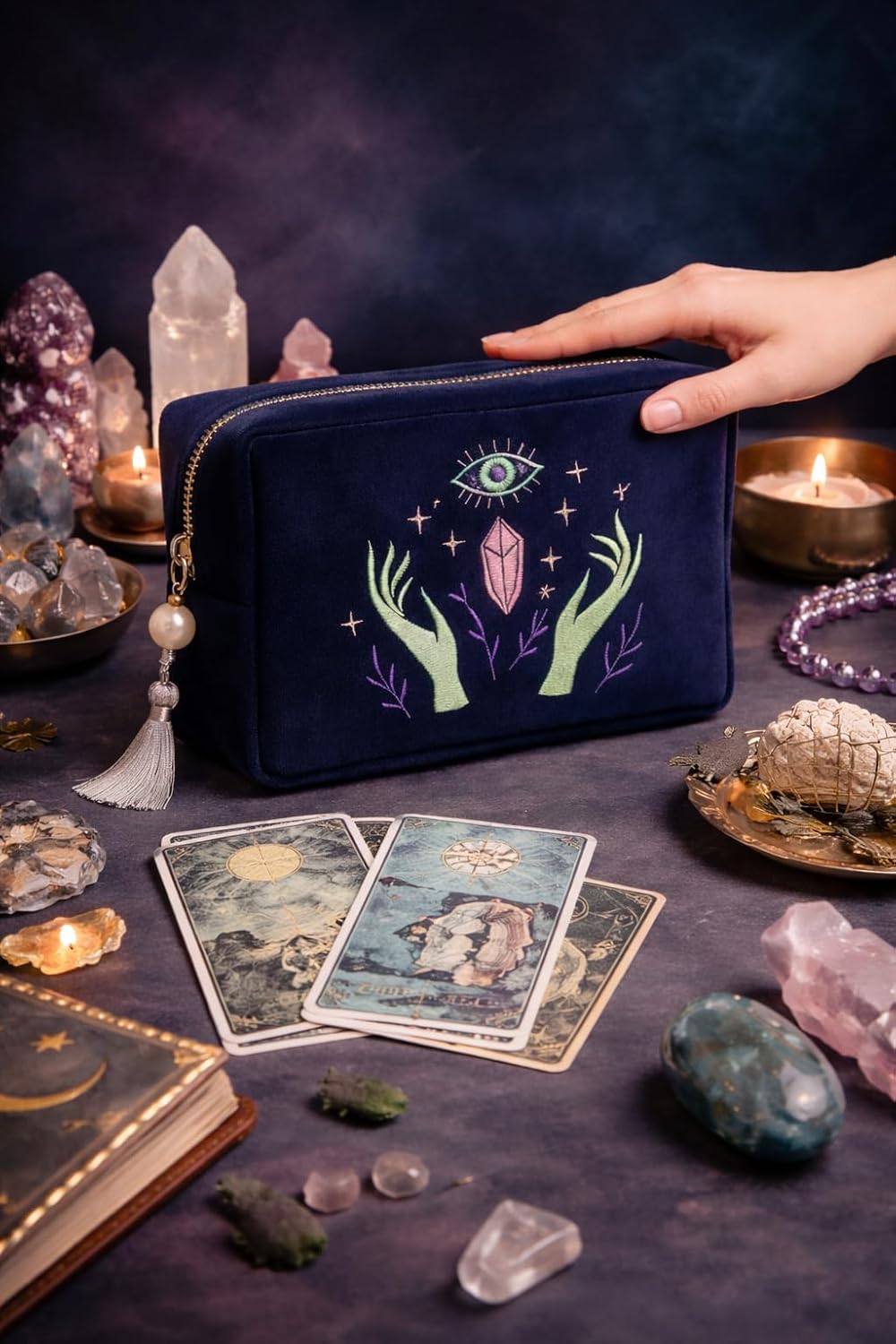La Muci Velvet Zipper Pouch for Tarot Decks, Oracle Cards and Crystals, Embroidered Mystical Makeup Bag, Soft Velvet Cosmetic Pouch, Travel Organizer Storage Bag with Zipper and Tassel