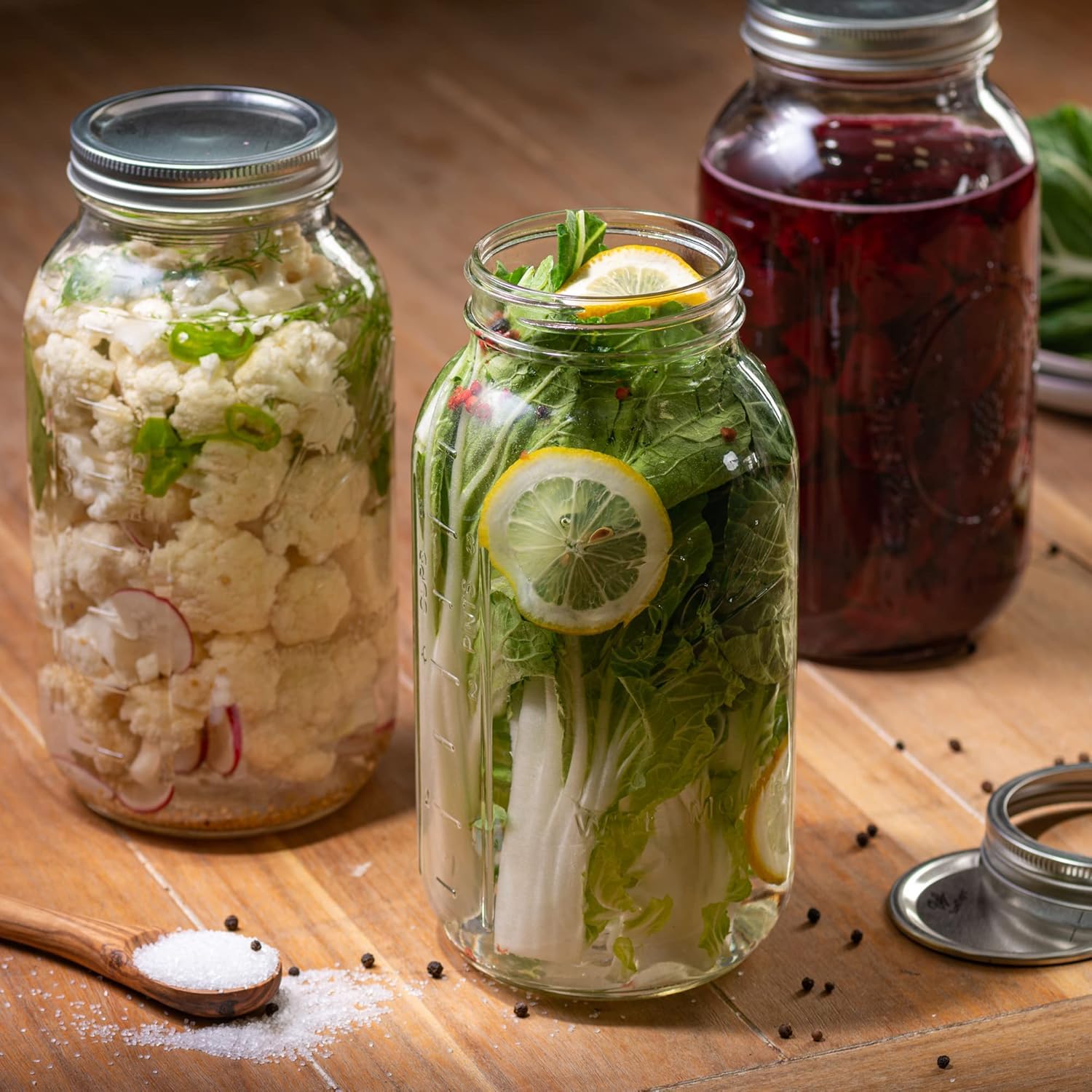 LATERN 3 Pezzi 64oz Barattoli di Vetro a Bocca Larga, 1,9L Contenitori di Vetro Stampati a Tenuta Stagna con Coperchio Ermetico e Fascia per Conservare Marmellata Miele Gelatina Salse Insalata Yogurt