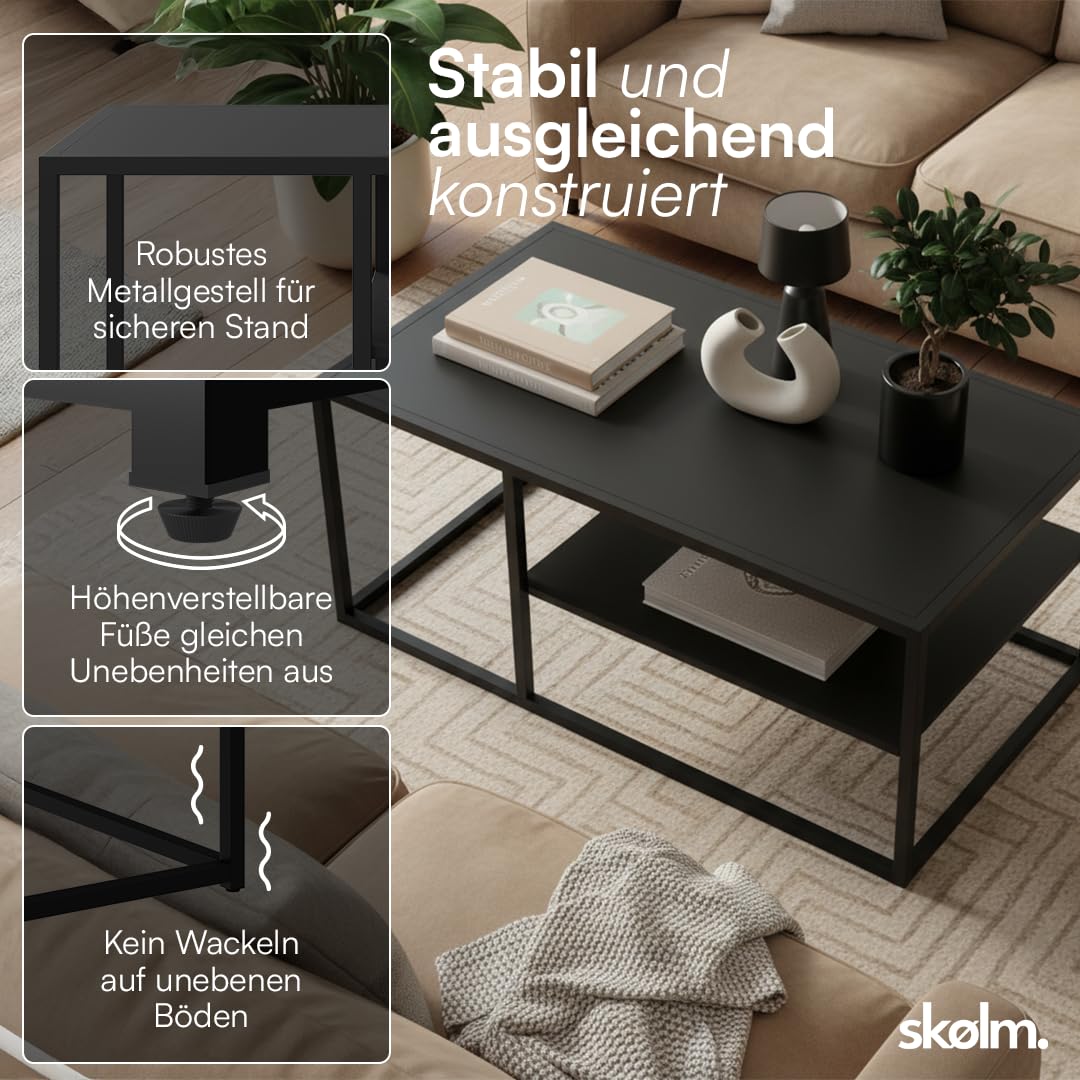 skølm Skadi Couchtisch aus Metall – Wohnzimmertisch mit 2 Ablagen – Beistelltisch in Schwarz – Sofatisch höhenverstellbar – Mitteltisch 45x100x60 cm (HxBxT) – eckiger Kaffeetisch mit Stauraum