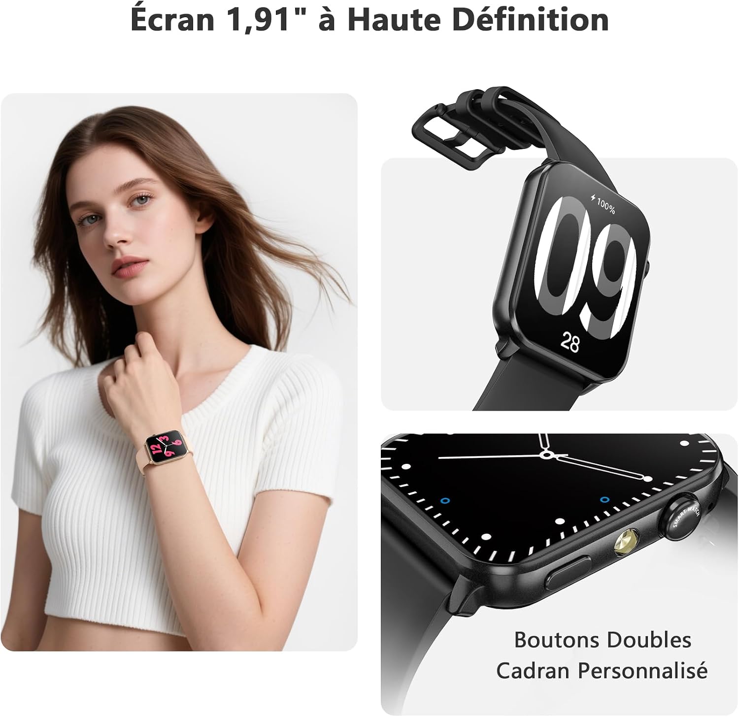 Close-up of the Blackview R30max smartwatch screen and side buttons, highlighting its 1.91-inch display and customizable watch faces.