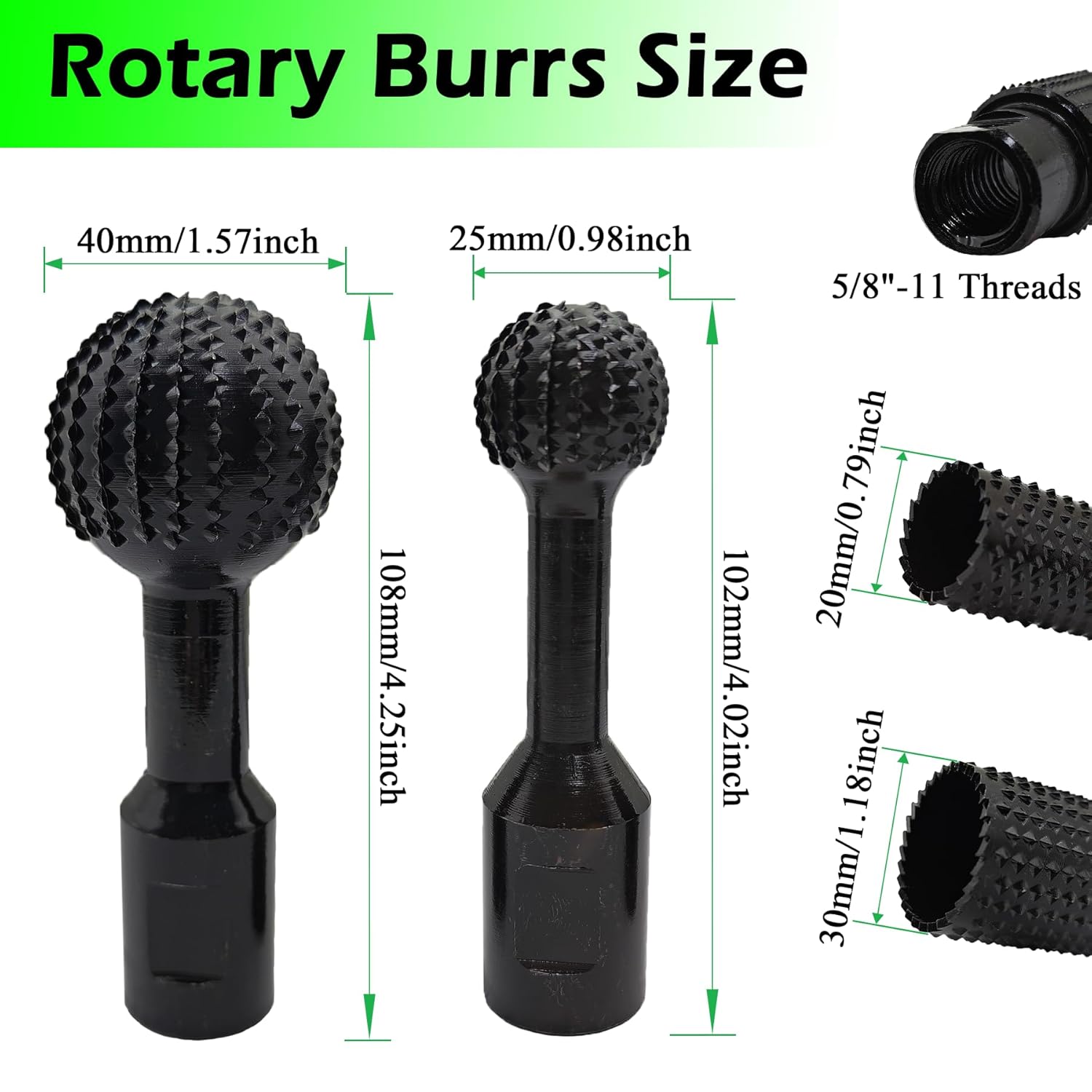 4Pcs Sphere Rotary Burrs with 5/8"-11 Threads for 4 1/2 and 5 Inch Angle Grinder, Woodworking Spherical Grinding Head for Deburring Engraving and Polishing