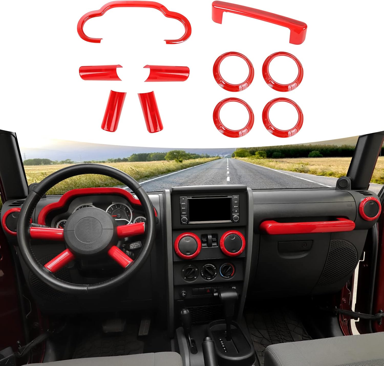 10PCS Full Set Interior Trim Kit Compatible with 2007-2010 Jeep Wrangler JK JKU,Co-Pilot Grab Handle Dashboard Frame Bezel Side Outlet Cover Trim (Red)
