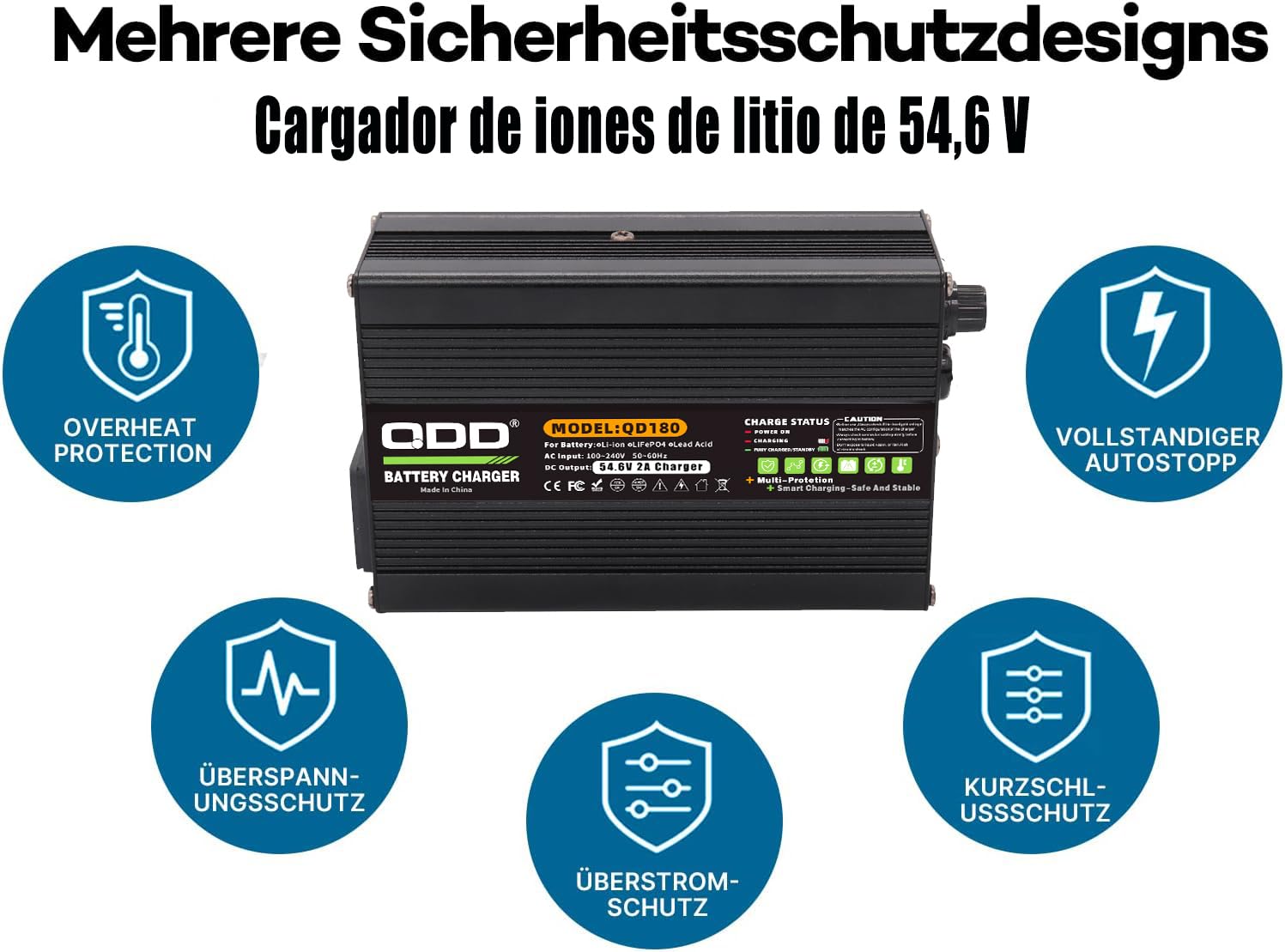 QDD Caricabatterie 54,6 V 2 A Caricabatterie al litio 48 V Uscita DC 5,5 x 2,1 mm/5,5 x 2,5 mm Connettore utilizzato per batteria agli ioni di litio 13S 48 V