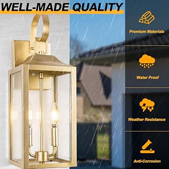19 Gold Outdoor Wall Lantern 2-Light, Large Modern Outdoor Sconce Lights