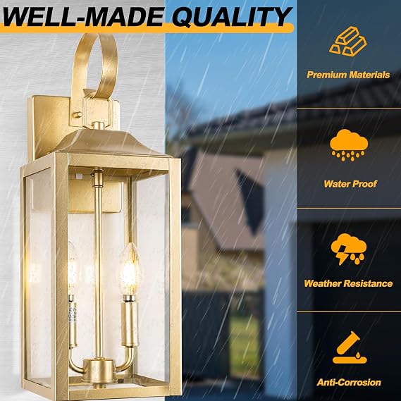 19 Gold Outdoor Wall Lantern 2-Light, Large Modern Outdoor Sconce Lights
