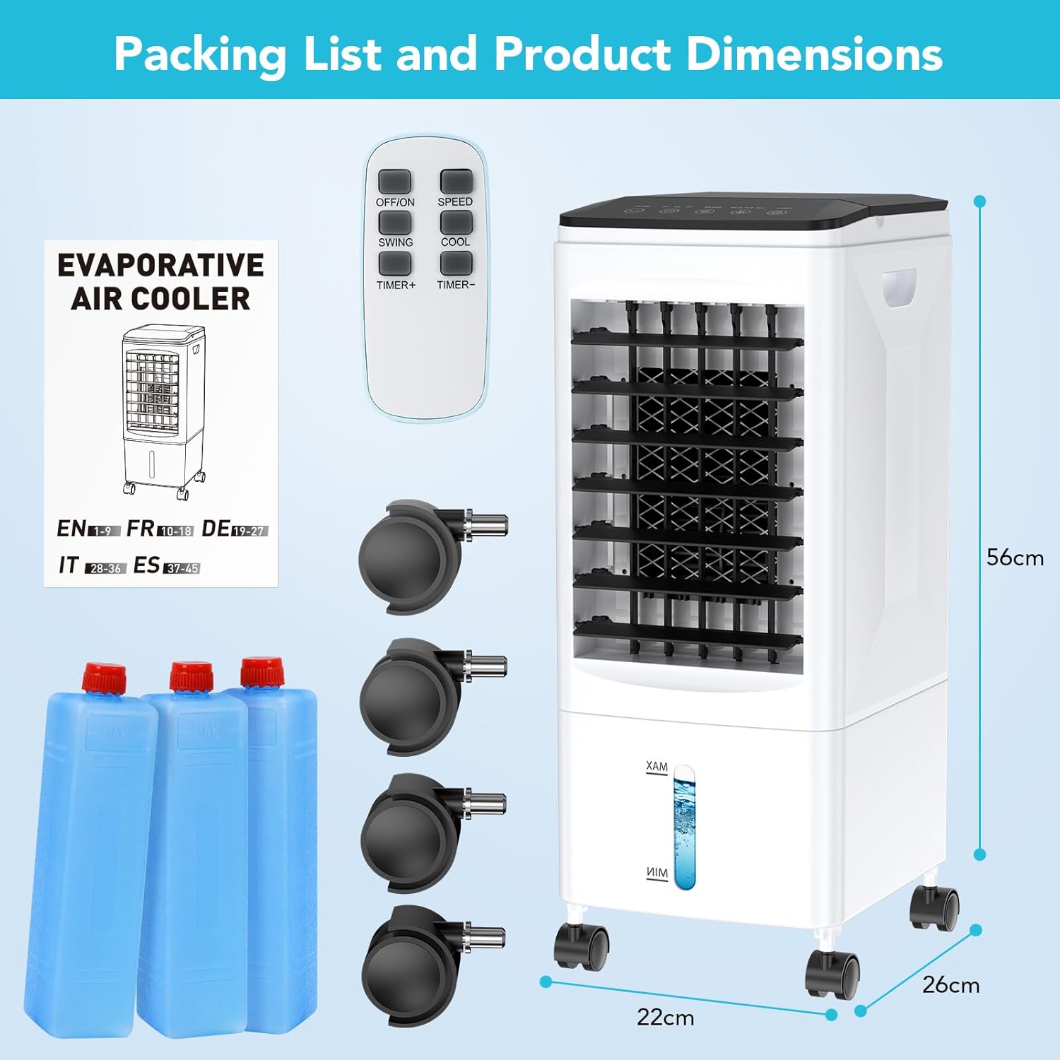 Evaporative Air Cooler, 3-in-1 Portable AC Cooling Fan 3 Modes 3-Speed with Remote, 3 Ice Boxes, No Window Needed Air Conditioners with 6L Tank for 20H Cooling, for Home, Bedroom, Kitchen, Living Room