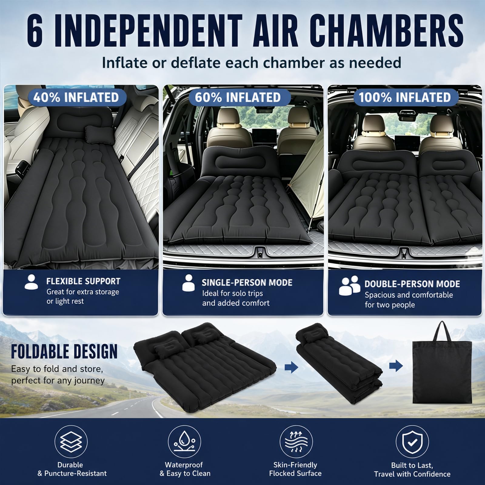 Colchon Coche, 1.75 * 1.35M Colchón para Coche Asiento Trasero, Incluye Bomba de Aire 2 Almohadas, SUV Colchón Hinchable, Tejido Grueso, Colchón Aire Coche para Viaje Camping (Negro)
