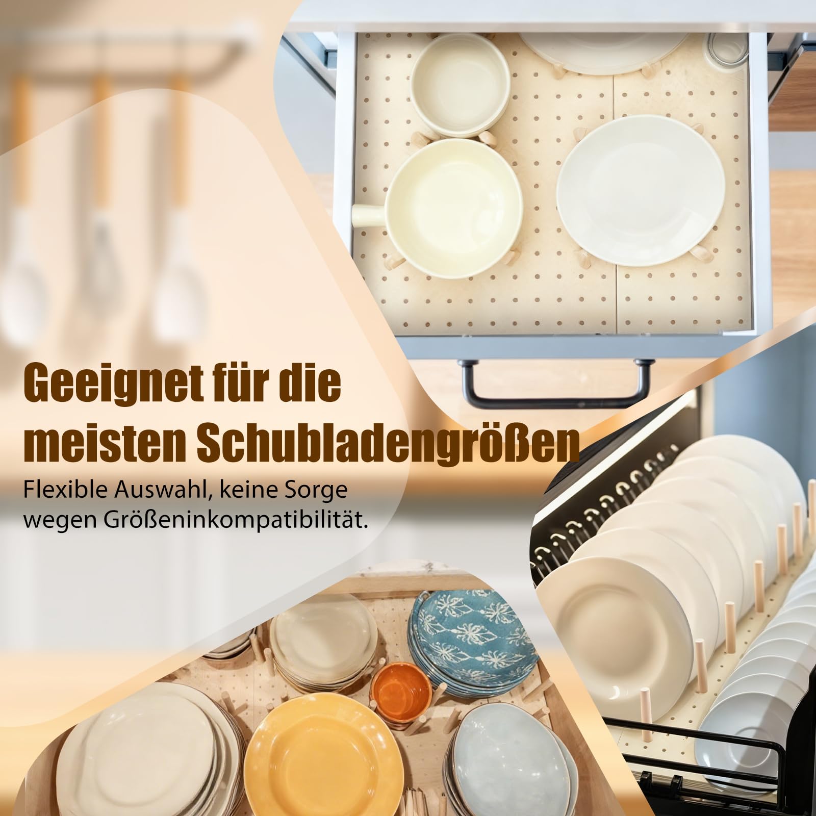 Stecktafel Schublade Organiser, 4 Stück Holz Peg Board System mit 32 Holzstab, 53.3 x15 x1cm Einstellbare Holz Teller Organizer Tablett, Schublade Organizer für Geschirr, Küche Stecktafel