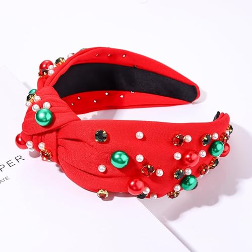 Miniatura 7 de Diadema de Navidad para mujer, color rojo y verde, perla con diamantes de imitación, diadema elegante de nudo ancho para mujer, regalo de fiesta de