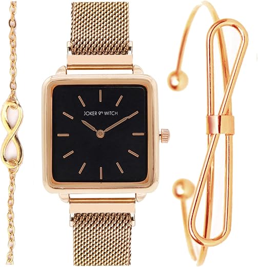 Joker &amp; Witch Stainless Steel Firefly Rosegold Analog Watch Bracelet Set for Women, Black Dial, Rose Gold Band