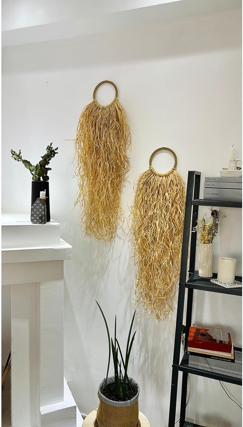 Bohemian Wall Decor Raffia 2-Piece Set Scandinavian Handmade Balcony Decoration 20 x 65cm Home Art - Beige, 8x26 inch