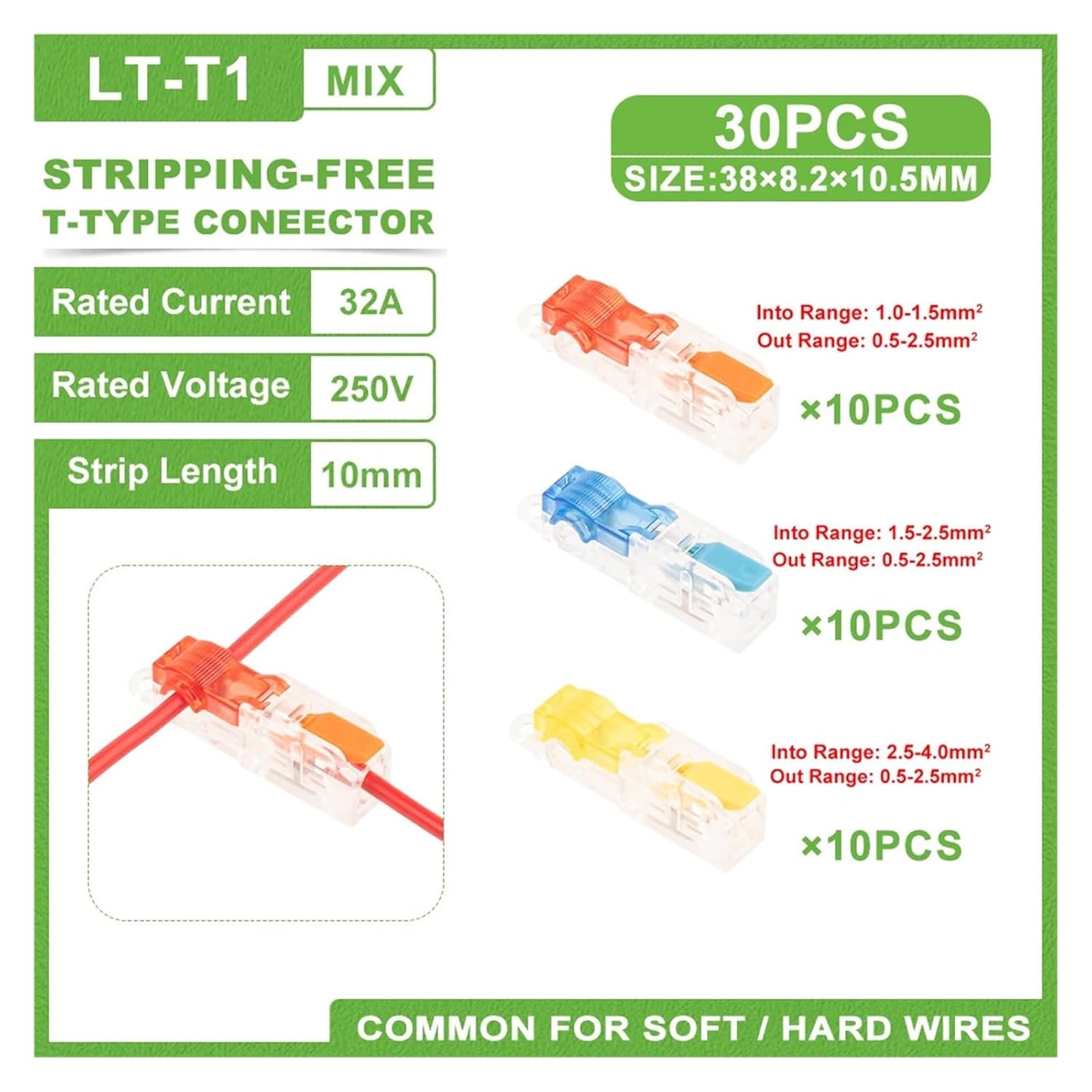 Lever T-Type Stripping with Fixing Hole Free Wiring Connector Crimp Terminal Push-in Branch Splice Junction Box Wire(30PCS T1 Mix)