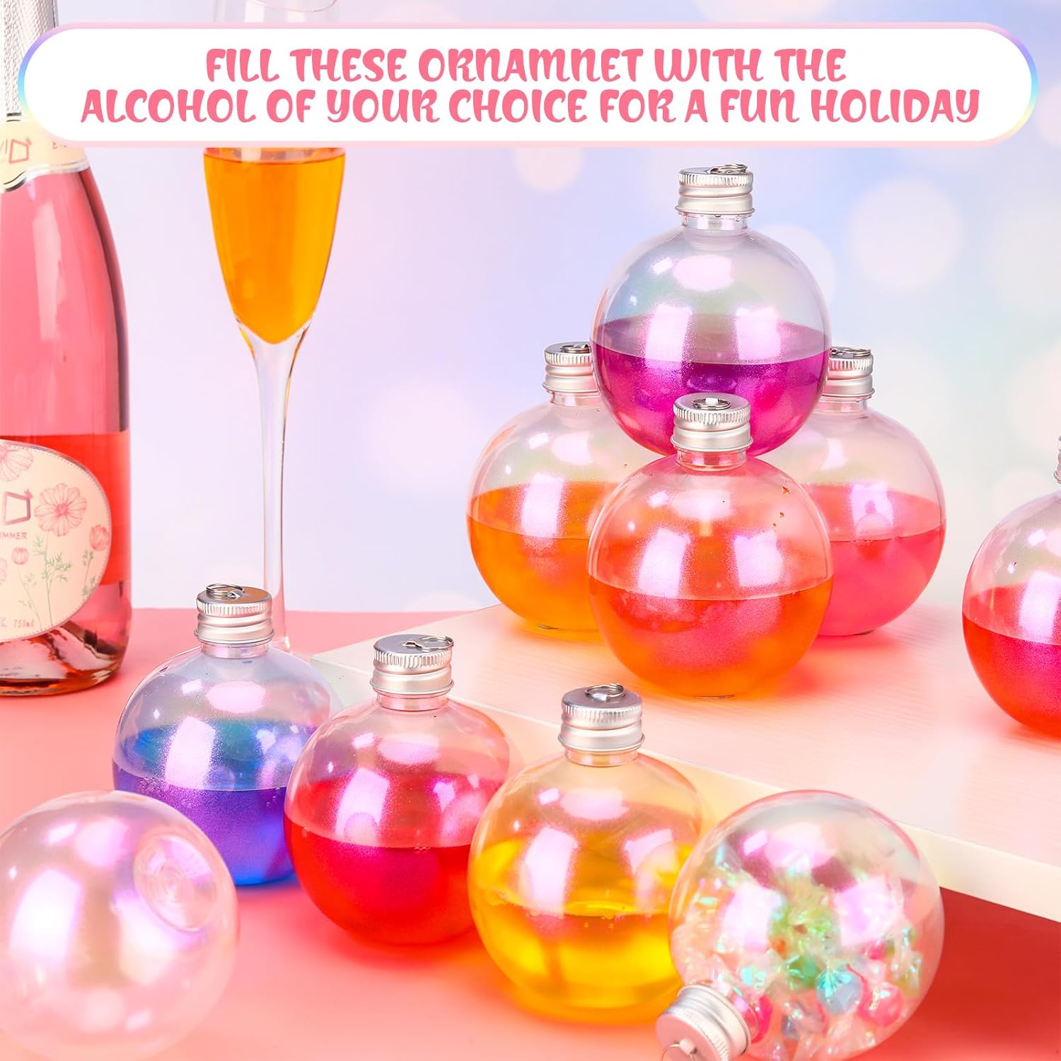 Christmas Drink Booze Balls Drinking Ornament Iridescent Fillable Drinks Christmas Tree Hanging Booze Balls Juice Pendant Bottle Bulbs for Party Decoration (24 Pcs,250 ml)