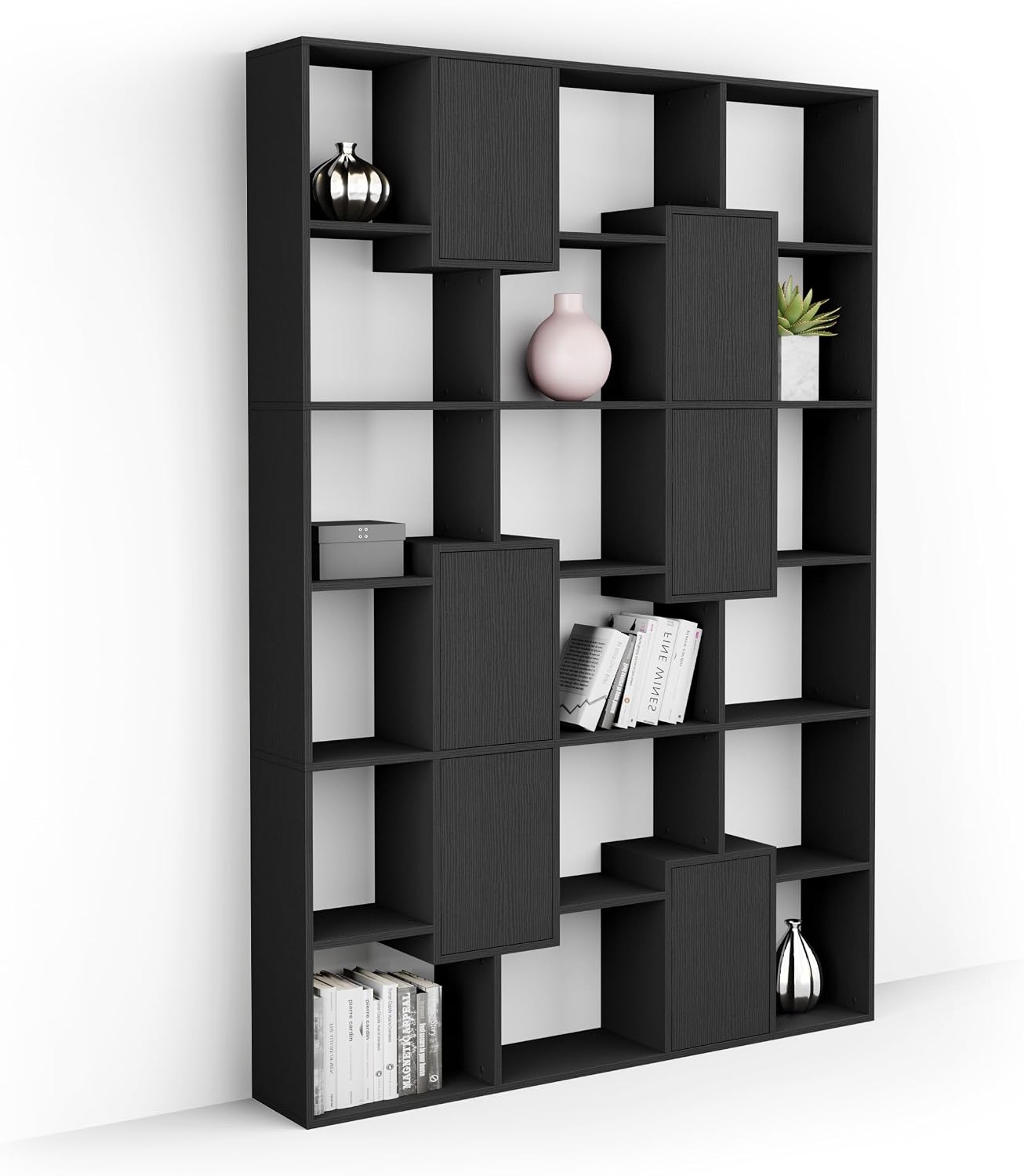 Mobili Fiver, Iacopo M Bookcase with Panel Doors (63.3 x 93.1 in), Ashwood Black, Made in Italy