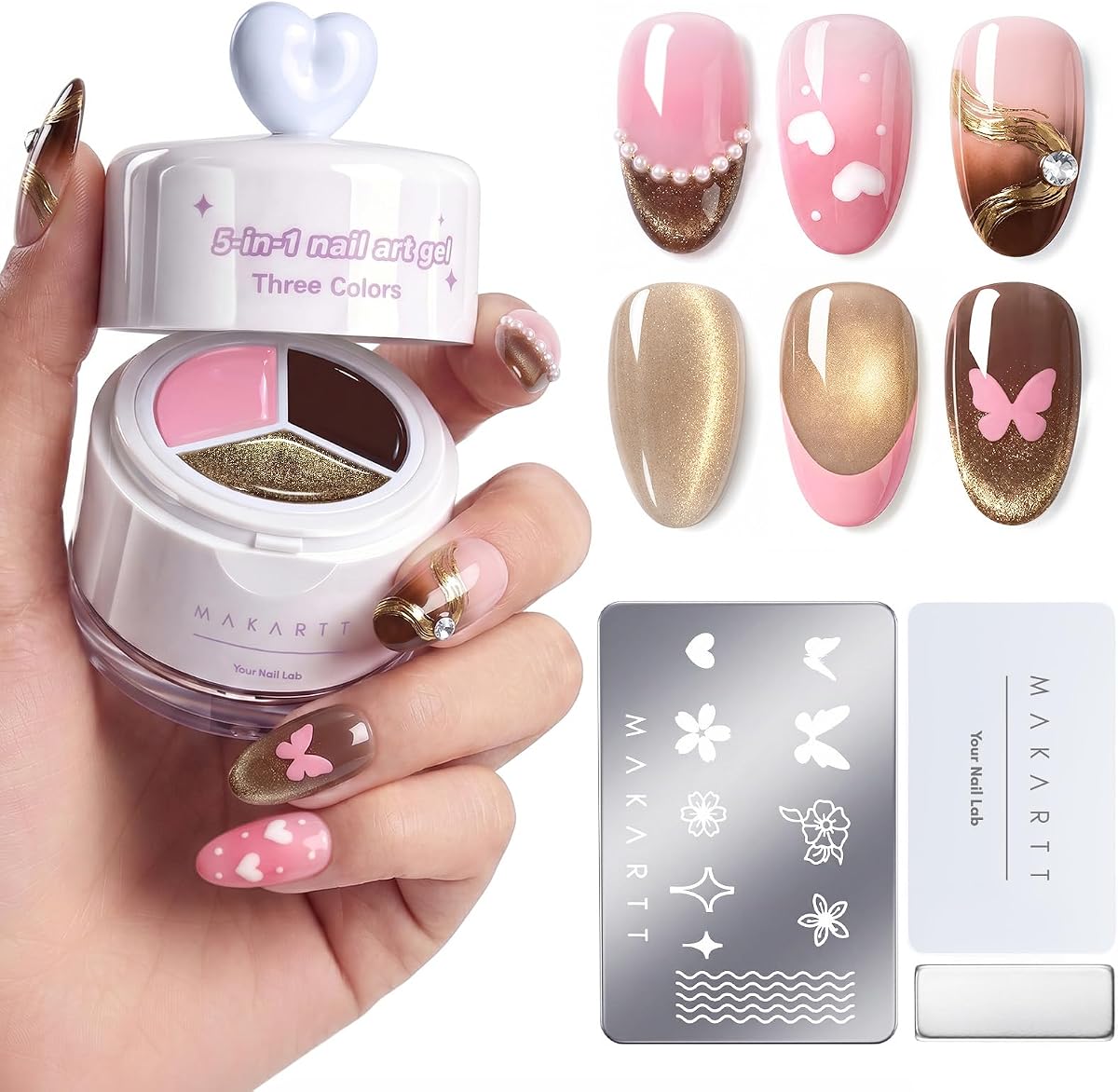 Makartt ColorPot 5 en 1 Nail Art Gel 3 colores para bricolaje Nail at Home Salon | Con sello de uñas y cabezal de silicona para estampado, puntas francesas, Ombre Patting, pintura, escultura